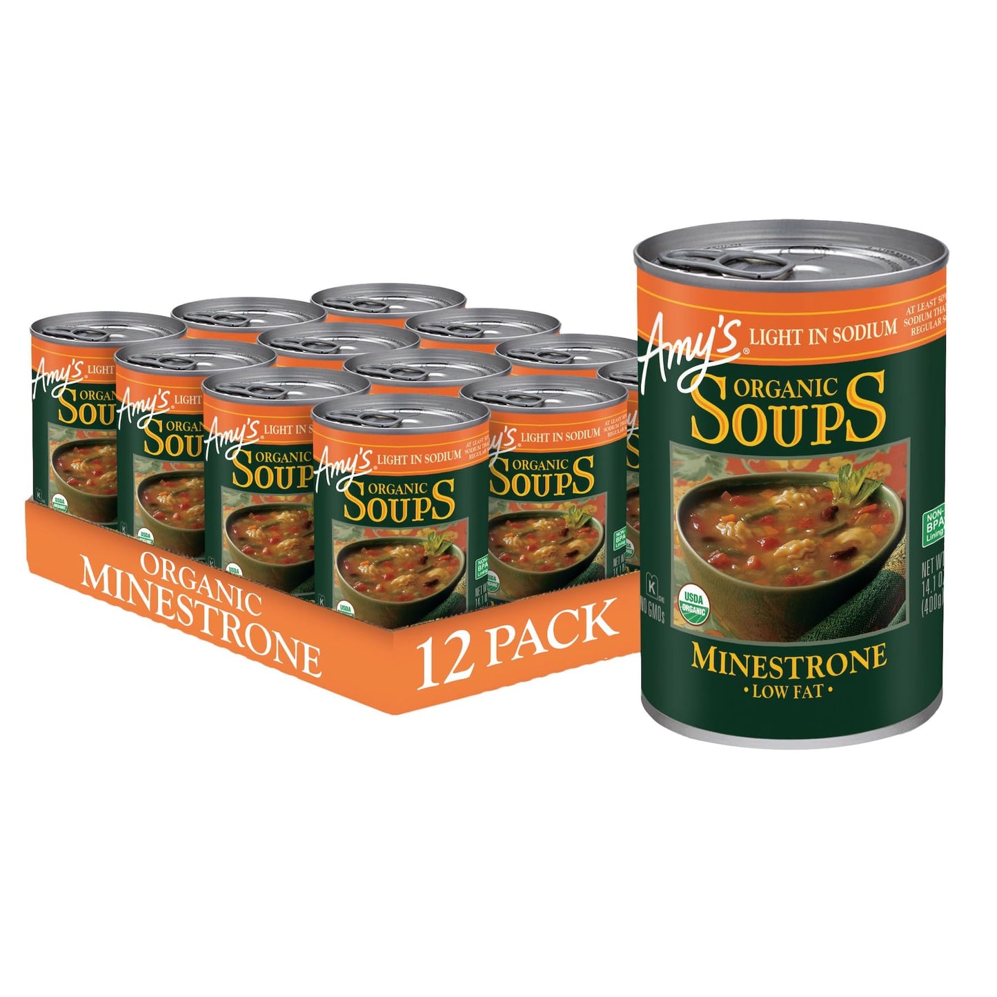 Amy’S Soup, Vegan Minestrone, Light In Sodium, Made With Organic Vegetables, Beans And Pasta In Tomato Broth, Canned Soup, 14.1 Oz (12 Pack)