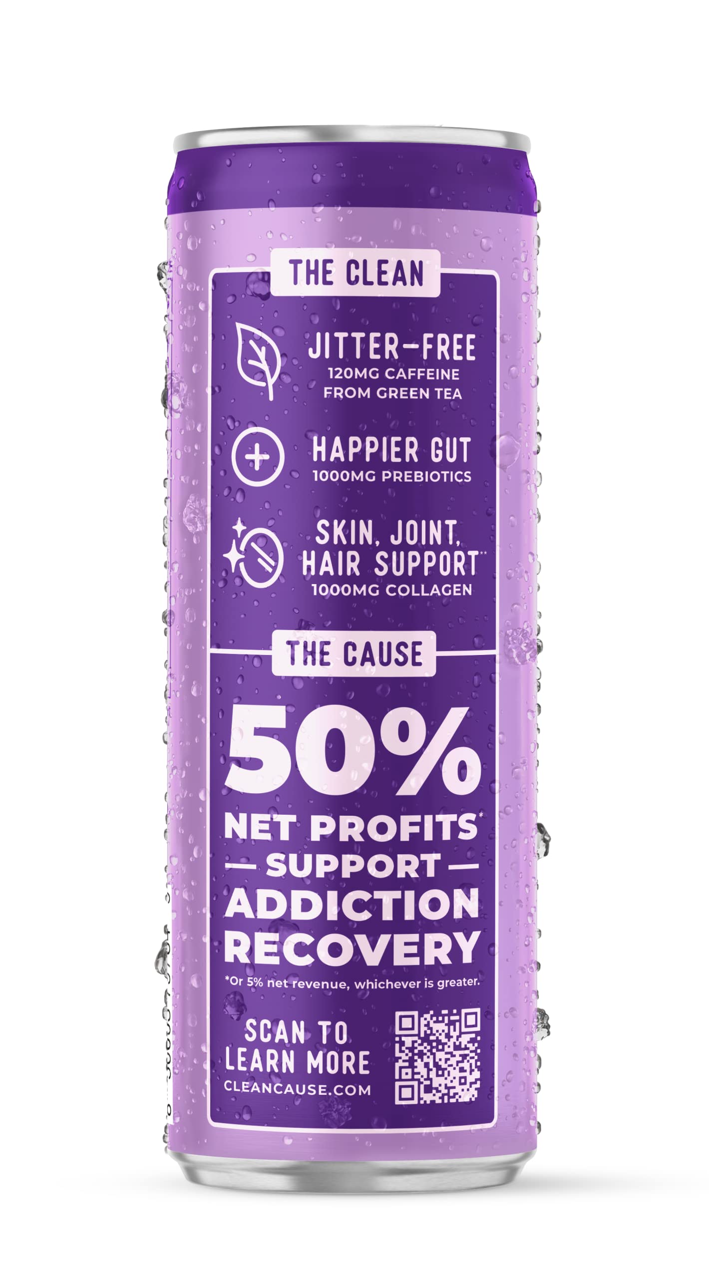 CLEAN CAUSE Berry Vanilla Sparkling Beverage with Prebiotics & Collagen, 12oz Cans, 12-Pack Case, Low Sugar, 120mg Caffeine