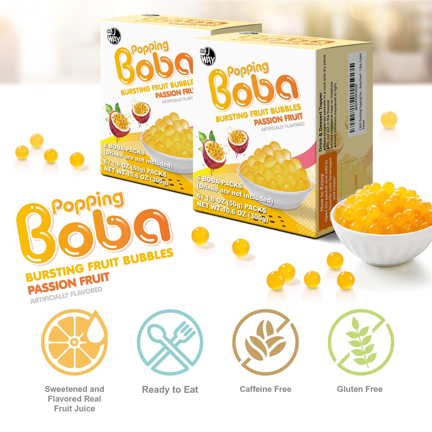 J Way Bursting Popping Passion Fruit Boba Pearls, Passion Fruit Syrup, Non-Dairy, Fat-Free Popping Tapioca Boba For Beverages, S