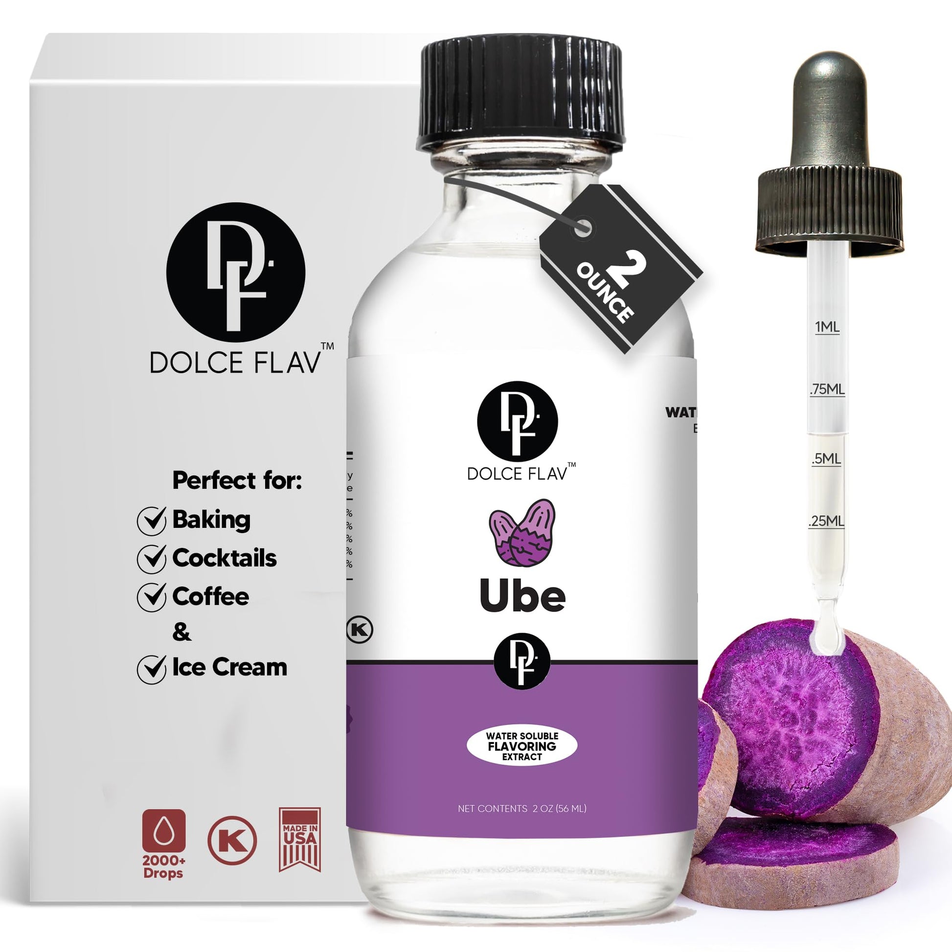 Dolce Flav Ube Extract - Water-Soluble Purple Yam Flavoring, 2 Oz, Clear, Ideal for Ice Cream, Cookies, Boba, Coffee & Pastries