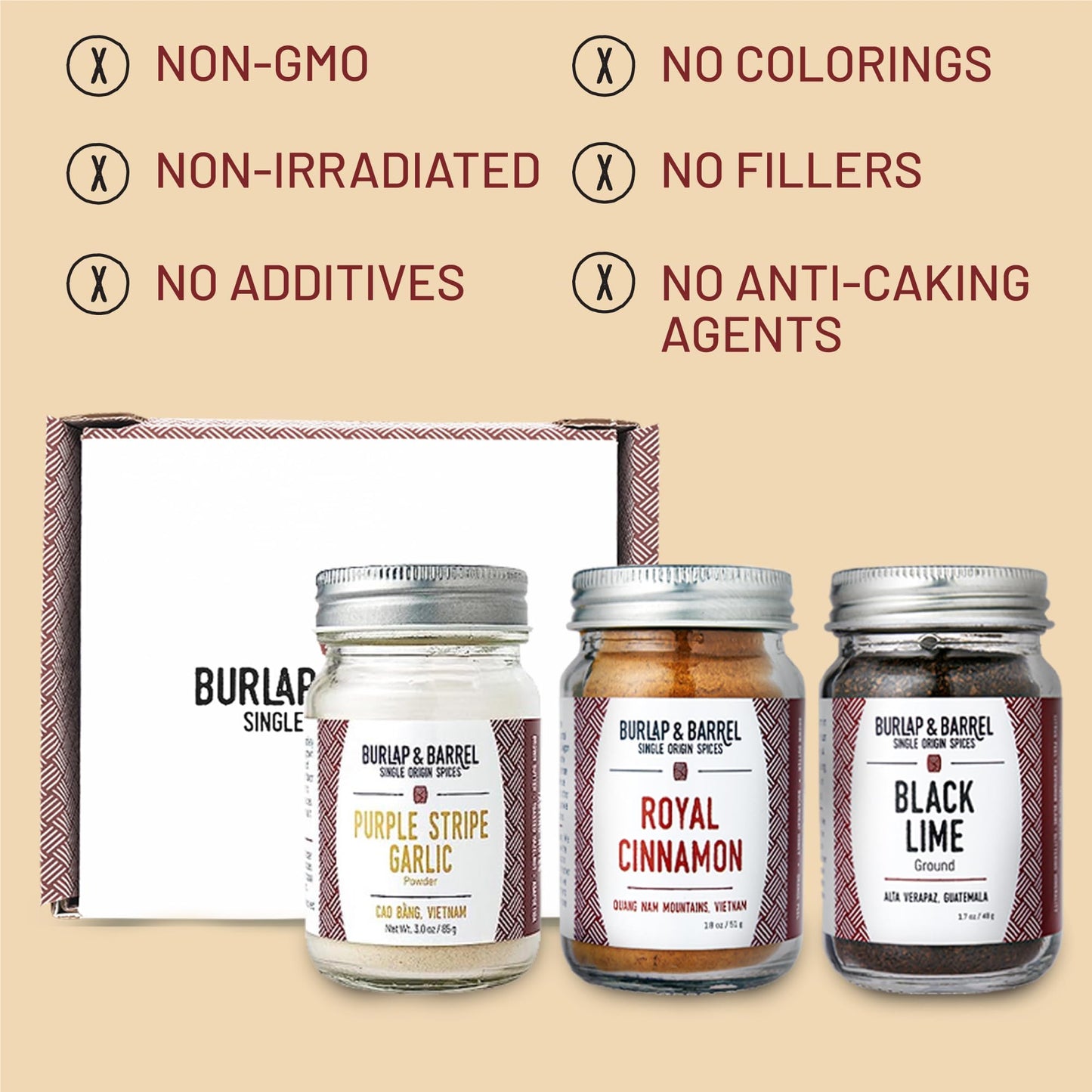 Burlap & Barrel Spice Gift Set – 3 Full-Size Jars (2.6 Oz Each) – Includes Cinnamon, Garlic & Lime Seasonings