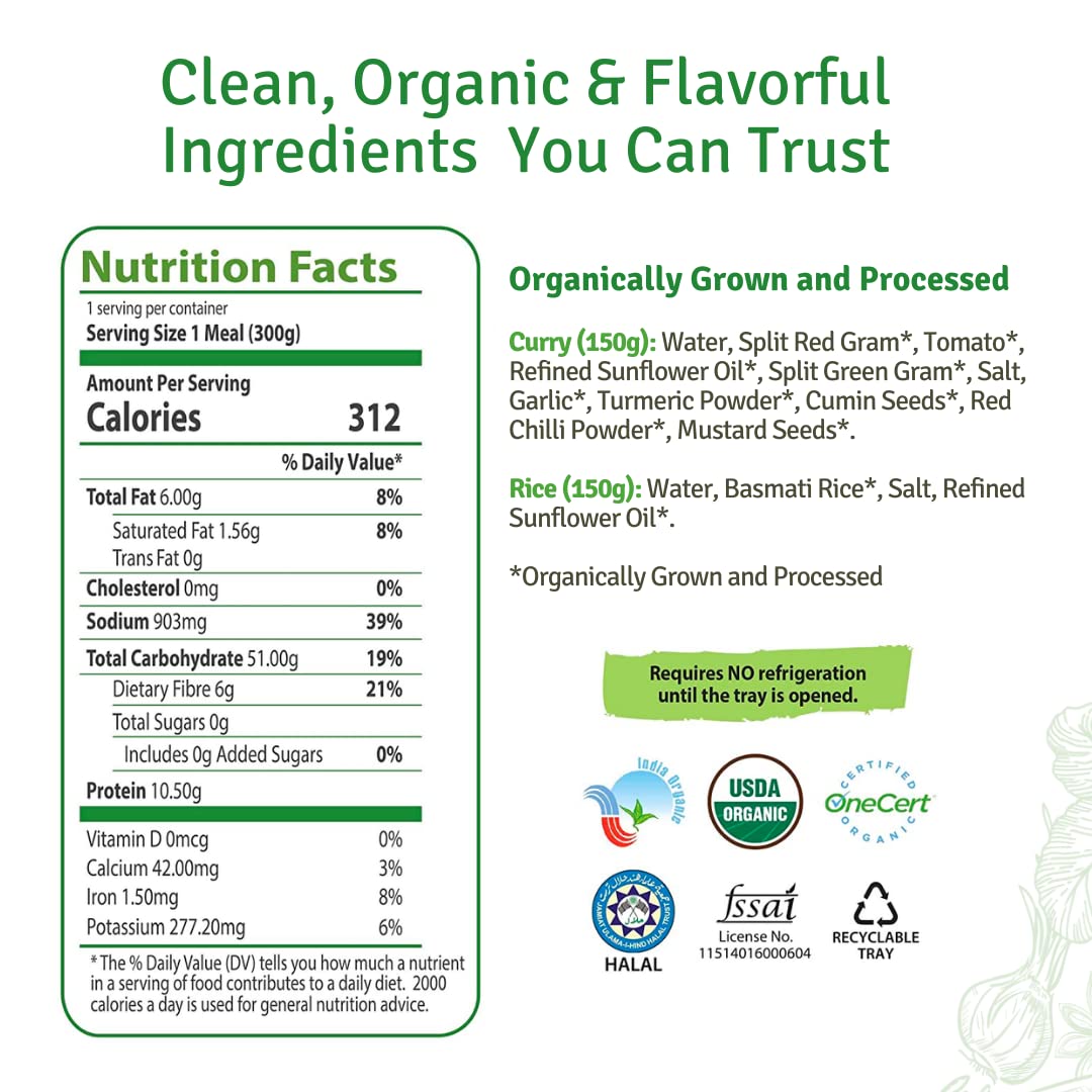 Food Earth Ready to Eat Indian Cuisine - Split Lentil Curry with Steamed Rice - Microwavable, Organic, Vegan, Gluten-Free, GMO-F