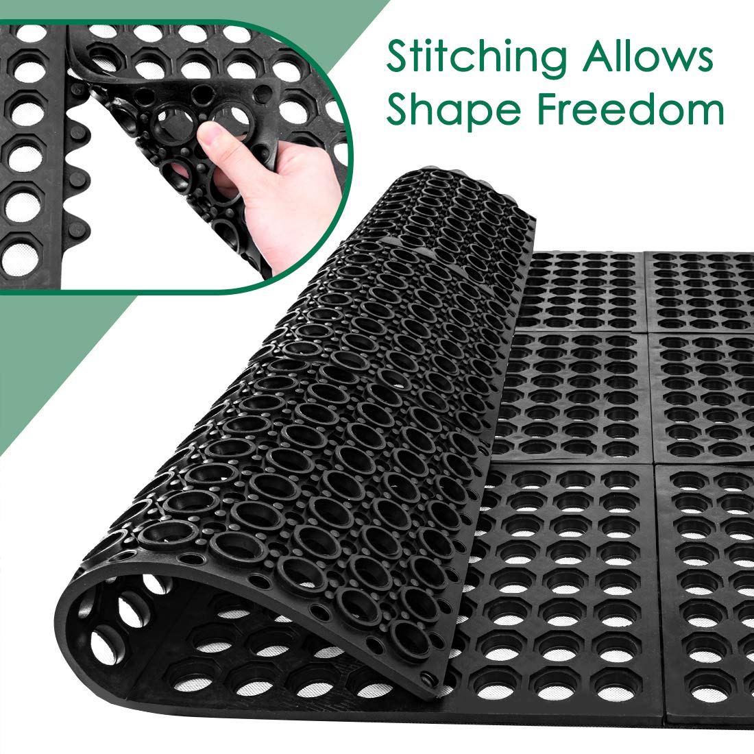 Rubber Floor Mats Anti Fatigue Kitchen Mats 9 Pack 11.8'' X 11.8'' Modular Interlocking Floor Tiles, Drain Pool Balcony Patio Ya