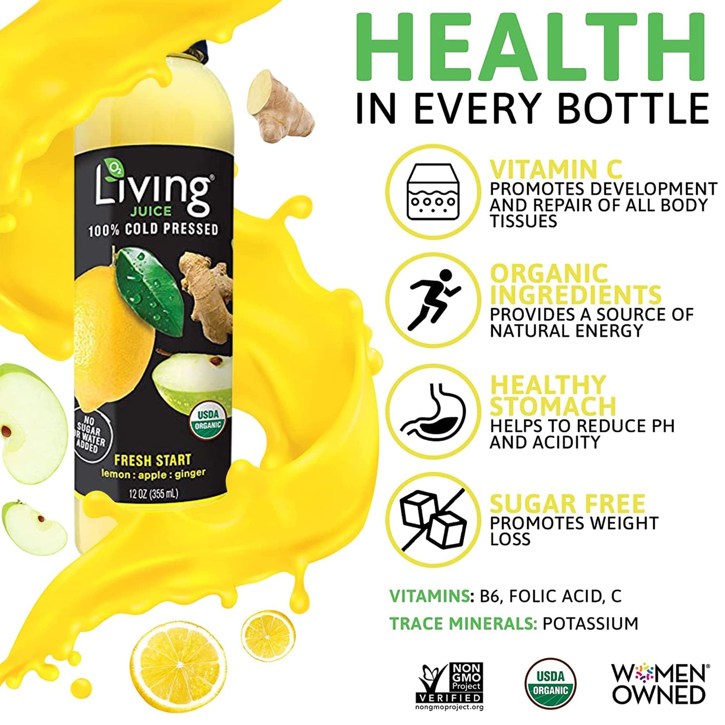 O2 Living Health Juices: Cold Pressed Juice - No Added Sugar Or Water Fresh Juices - Nutrient-Packed Fruit & Vegetable Juice, Fr