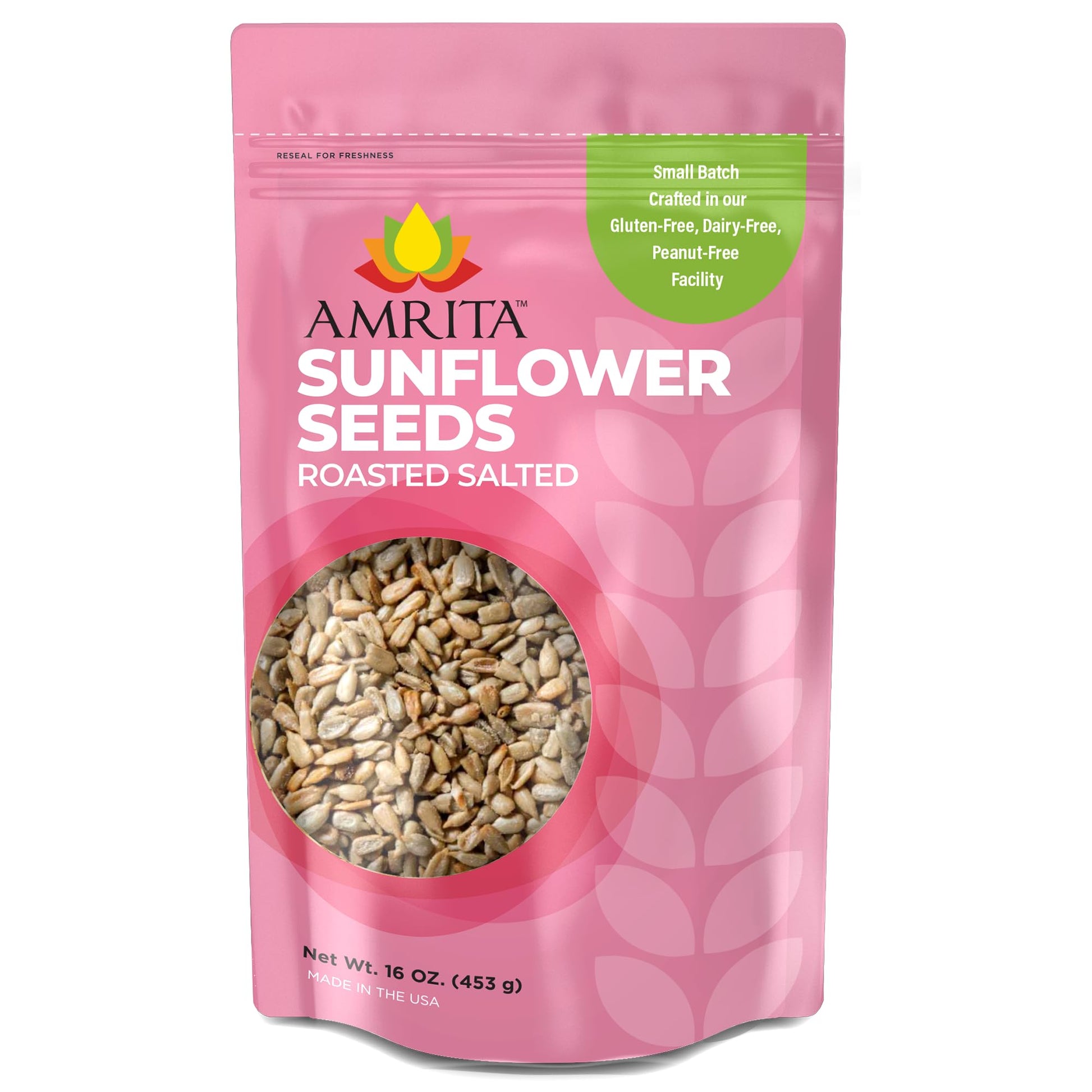 Amrita Foods Whole Sunflower Seeds 1 Lb | Roasted, Lightly Salted Kernels | Gluten Free, Vegan, Non-Gmo, Allergen Friendly Seeds | High Protein, Keto & Paleo Friendly | Healthy Snack & Salad Topping