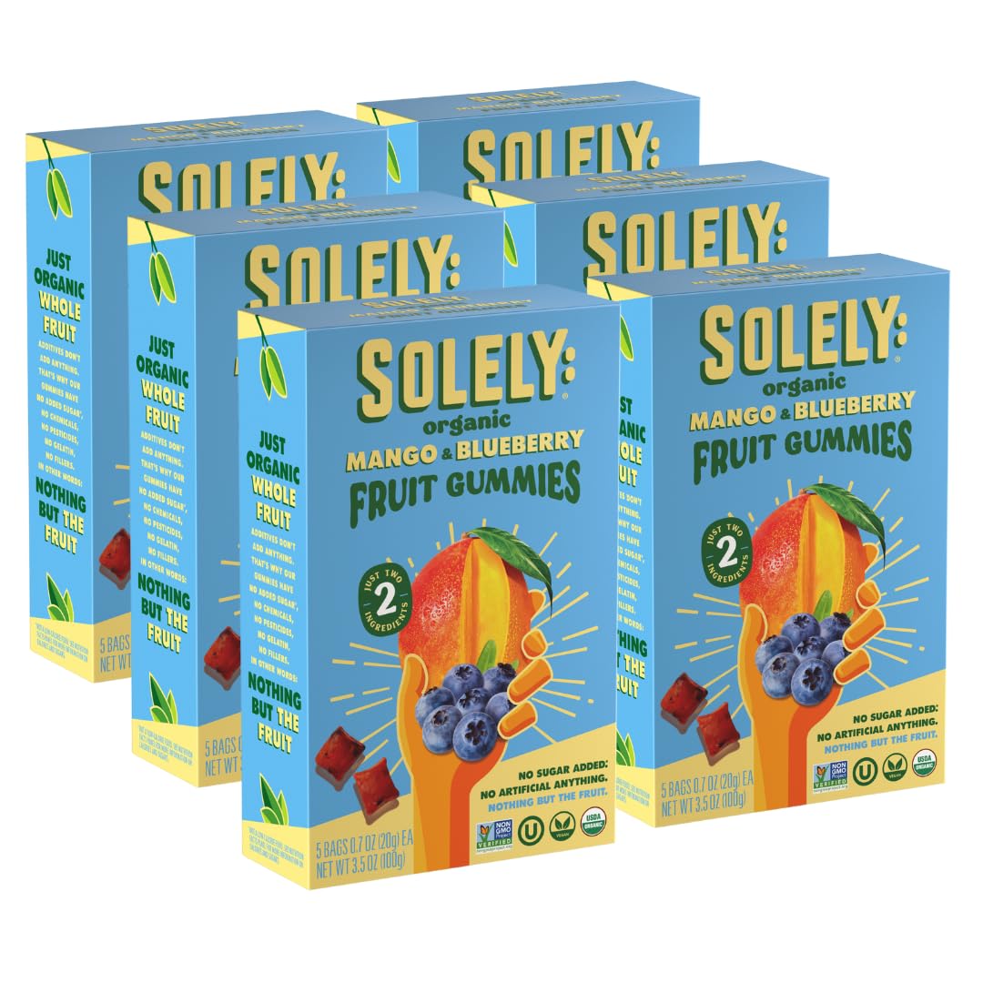SOLELY - Organic Mango & Blueberry Whole Fruit Gummies (Pack of 6 Boxes, 5 Bags per Box) - Real Fresh Fruit - Healthy Snacks for