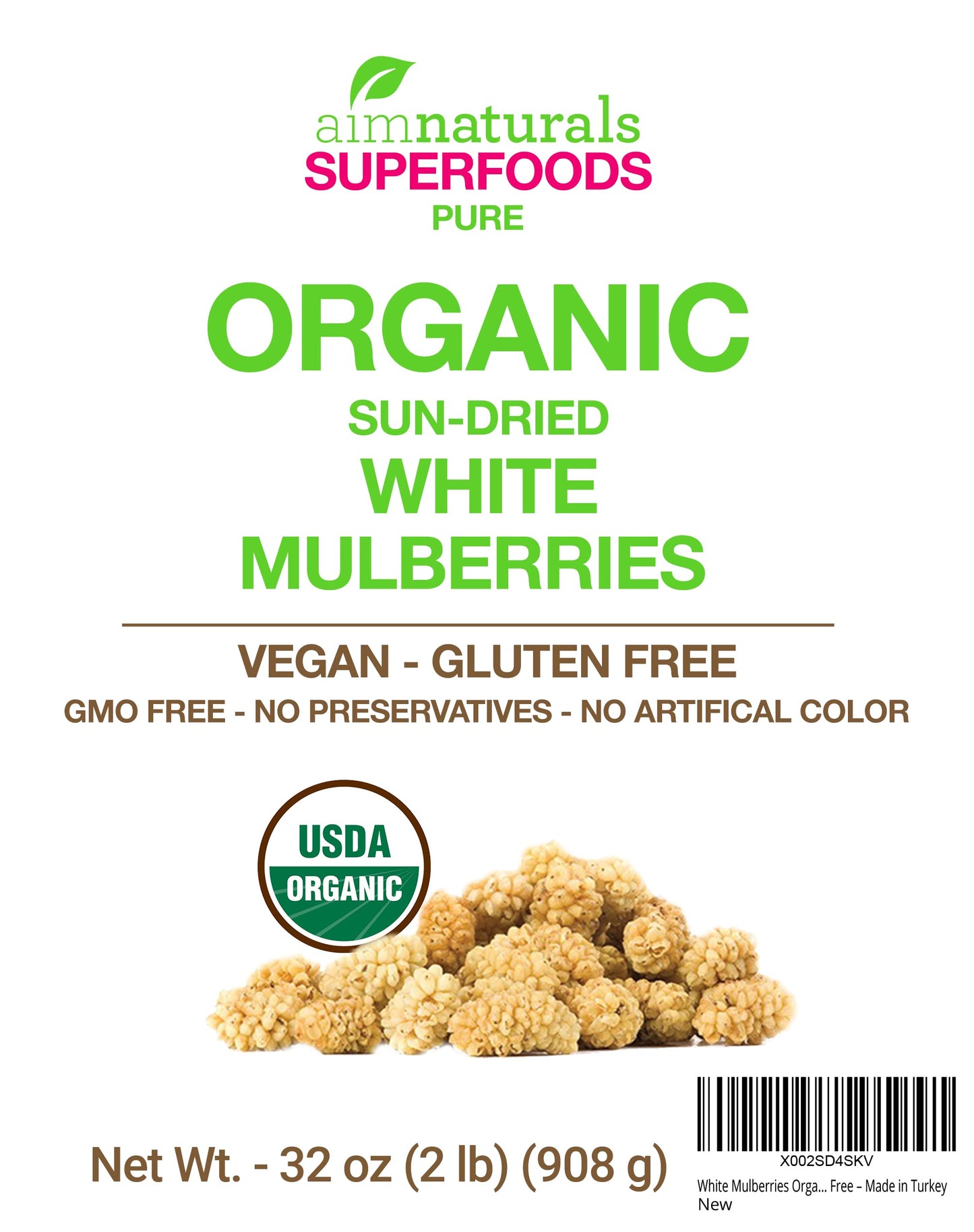 White Mulberries Dried Organic Bulk 2 Lbs Bag- USDA Organic Certified - Sun Dried, Raw, Non GMO & Gluten Free - Product of Turke
