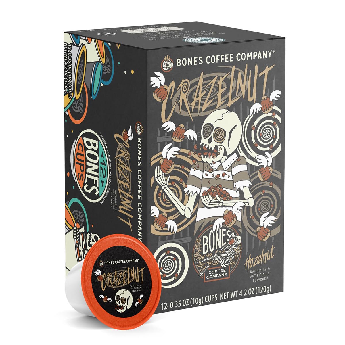 Bones Coffee Company Flavored Coffee Pods, Crazelnut, 12 Count, Compatible with Keurig 1.0 & 2.0