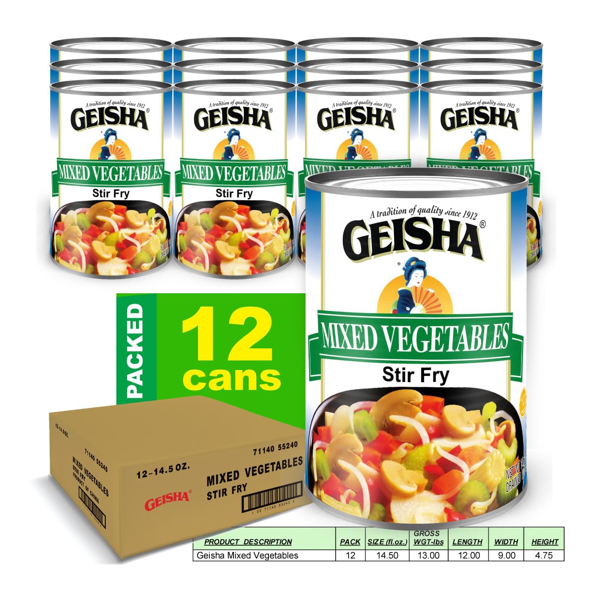 Geisha Mixed Vegetables Stir Fry 14.5Oz. (Pack Of 12), Mixed Vege | No Trans Fat - Gluten Free-Less Than 50 Calories Per Contain