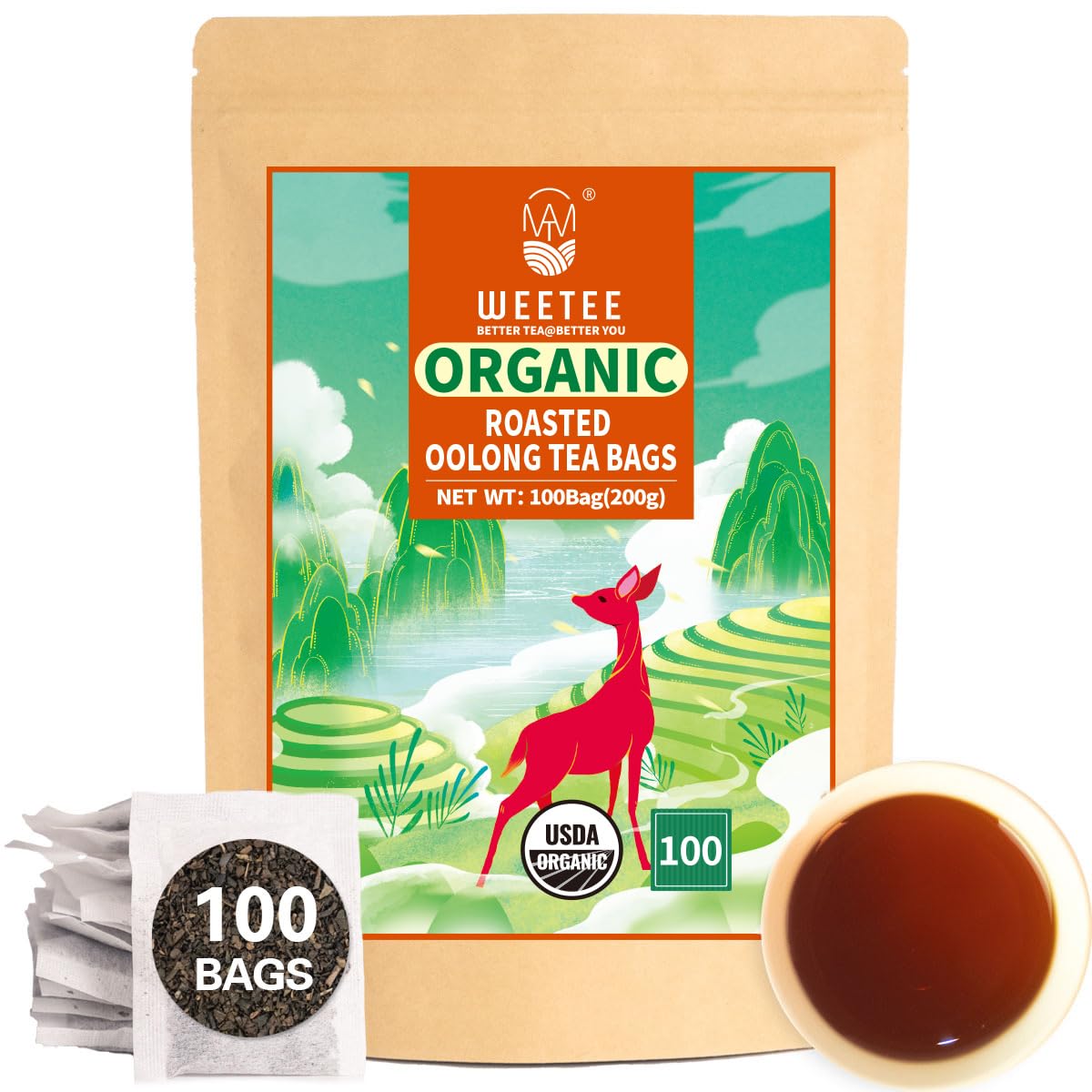 Wt Weetee Organic Roasted Oolong Tea Bags, Organic Black Oolong Tea 100 Count, Charcoal-Roasted Aroma, Smooth & Refreshing, Good For Meal Accompaniment