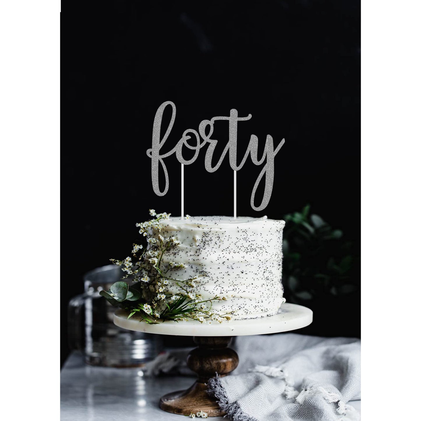 Silver Glitter 40Th Birthday Cake Topper, Forty Birthday Cake Topper For Celebrating Forty Years Old Anniversary/Birthday Party