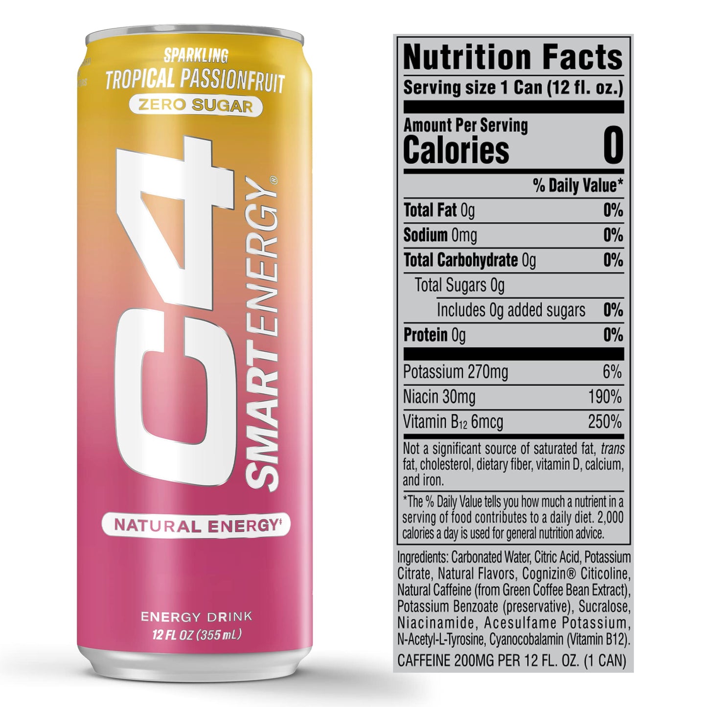 Cellucor C4 Smart Energy Drink - Sugar Free Nootropic, Tropical Passionfruit, 12 Fl Oz (Pack of 12), Model 7070019