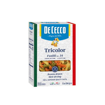 De Cecco Pasta, Tricolor Fusilli No.34, 12 Oz (Pack Of 12) - Made In Italy High In Protein & Iron, Bronze Die