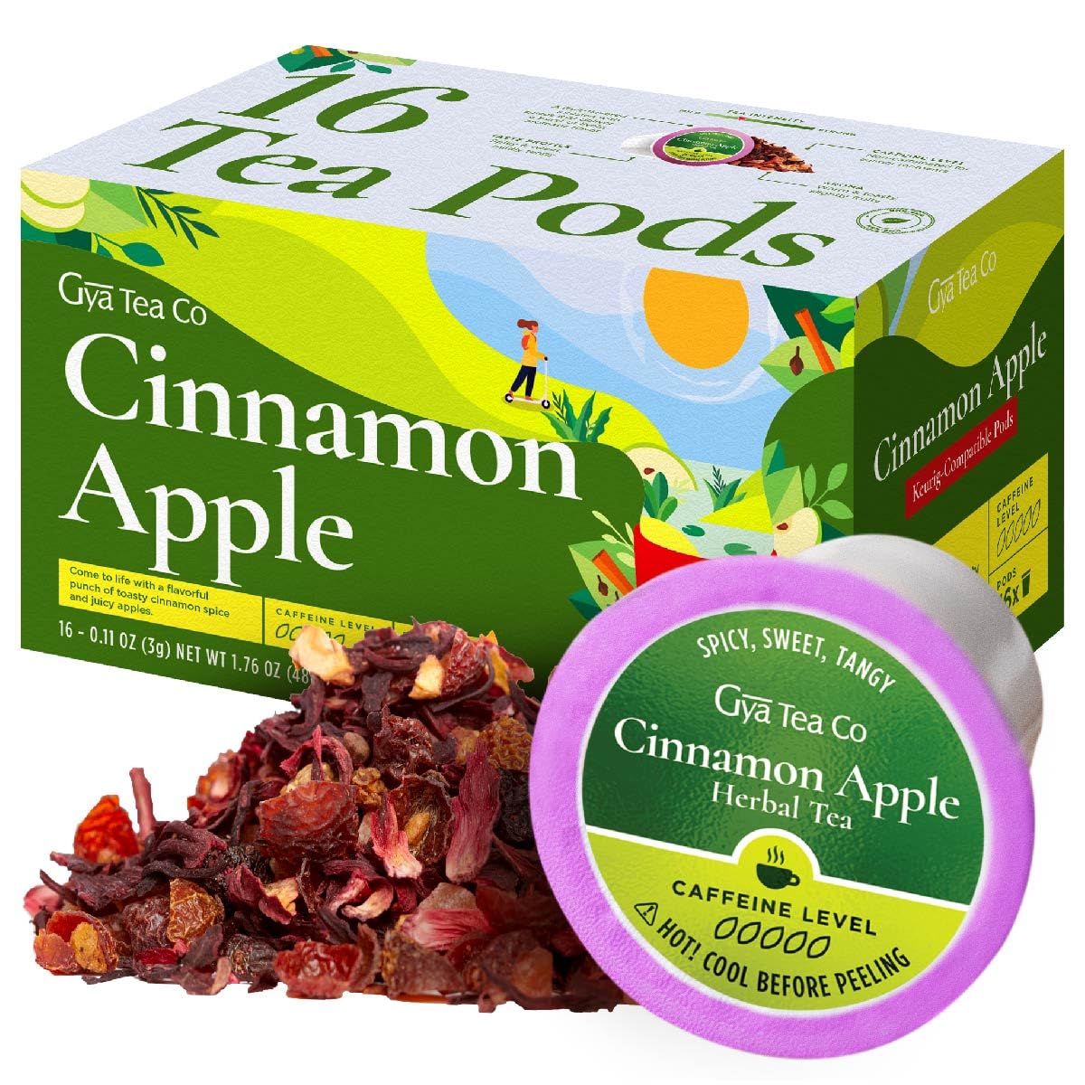 Gya Tea Co Cinnamon Apple Herbal Tea Pods - Decaf Wellness Tea, 16 Count, Perfect for Comfort & Relaxation