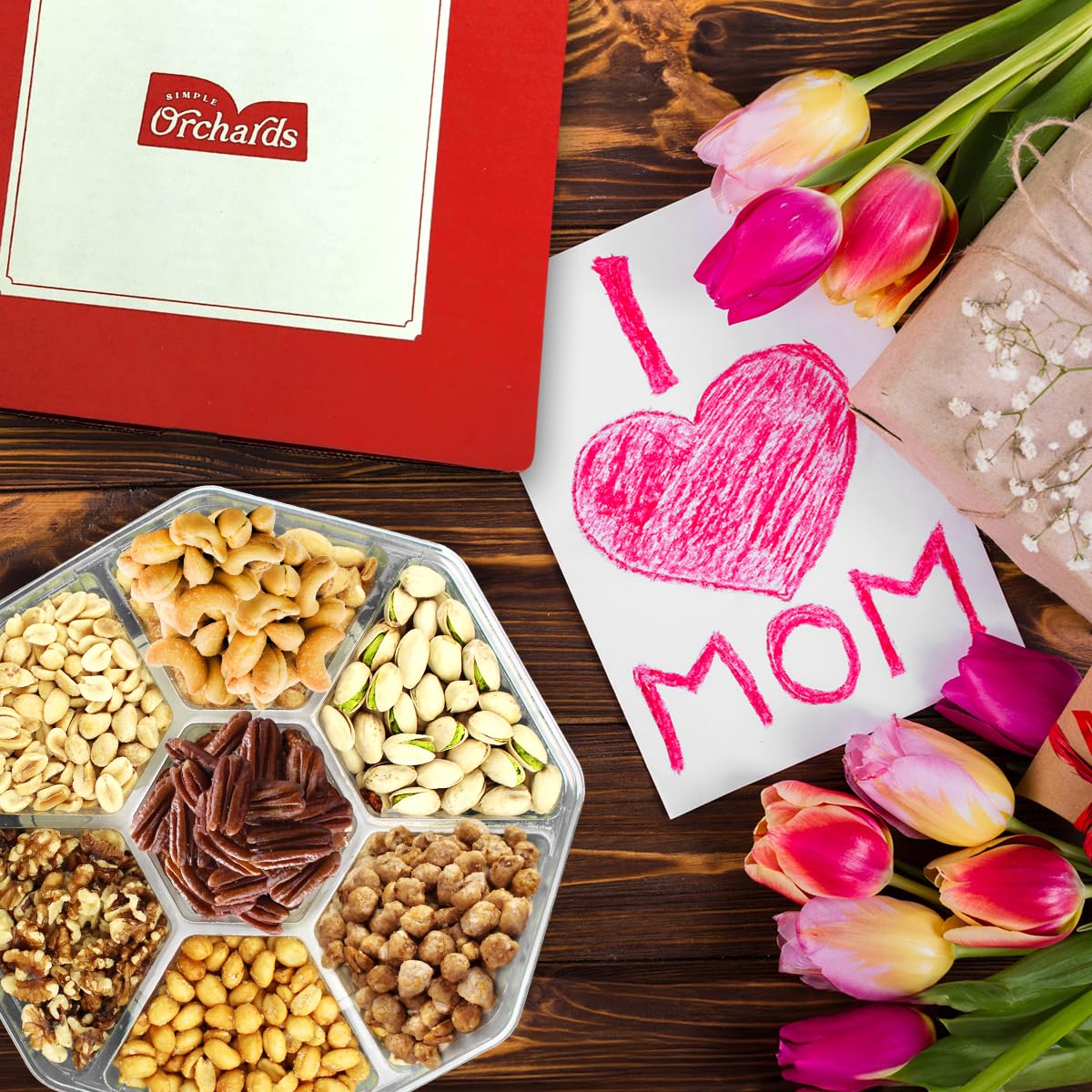 Mother'S Day Nuts Gift Basket, 7 Sectional Mothers Day Gift Basket With Cashews, Pistachios, Walnuts, Honey Glazed Pecans, Toffe