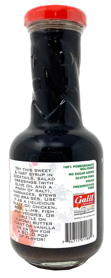 Galil Organic Pomegranate Molasses 12.3 Fl Oz – 100% Concentrated, No Sugar Added, Vegan, Gluten-Free, Preservative Free Kosher Syrup