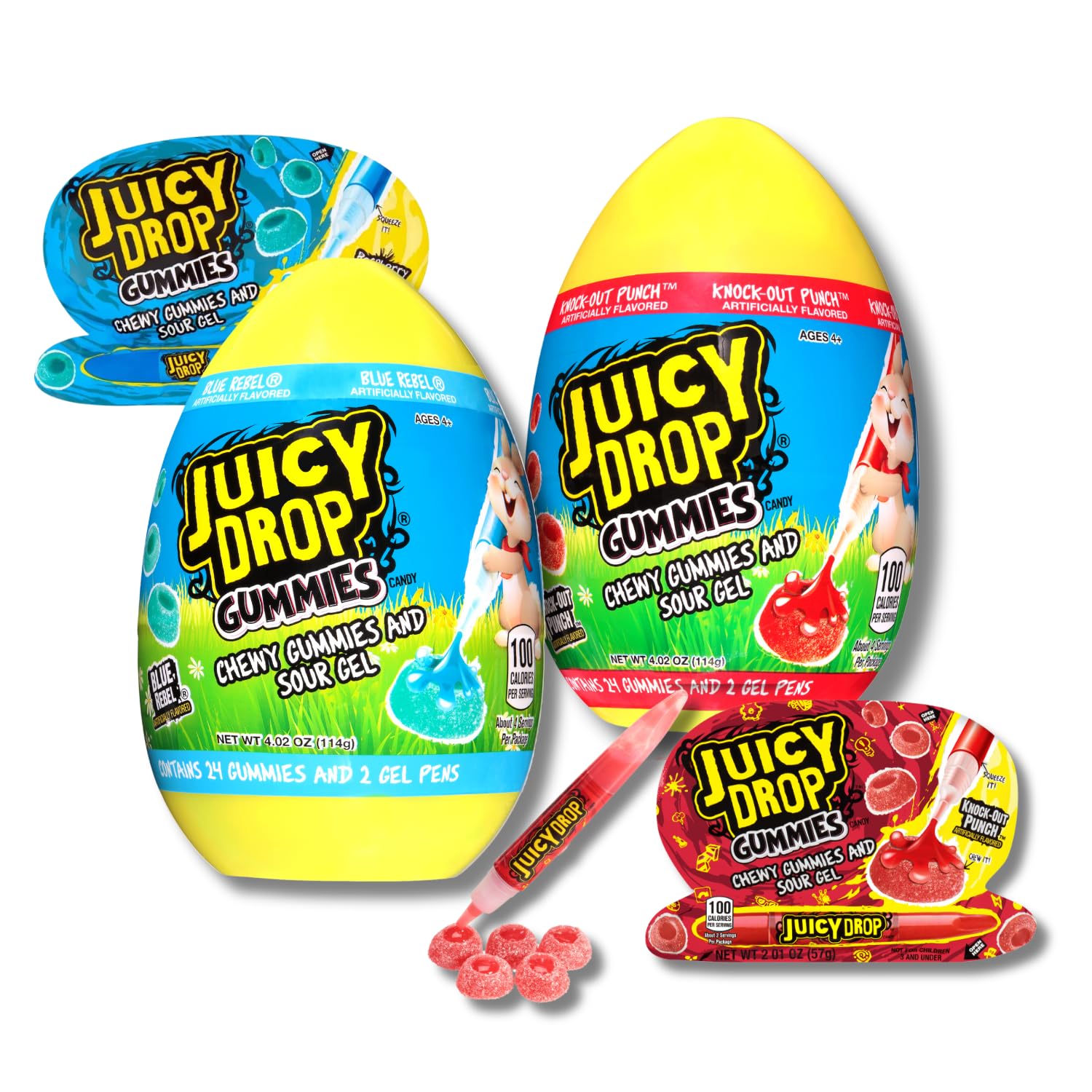 LYZAS SWEETS & TREATS Easter Juicy Drop Pop Gummies - 24 Gummies & 2 Juice Pens - Festive Egg Packaging - Pack of 2