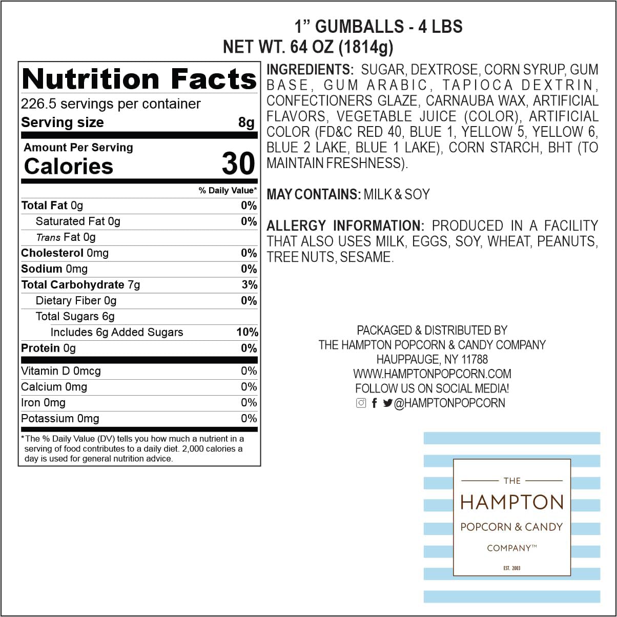 The Hampton Popcorn Company 1 Inch Gumballs, 220 Count Bulk Bag, Assorted Fruit Flavors