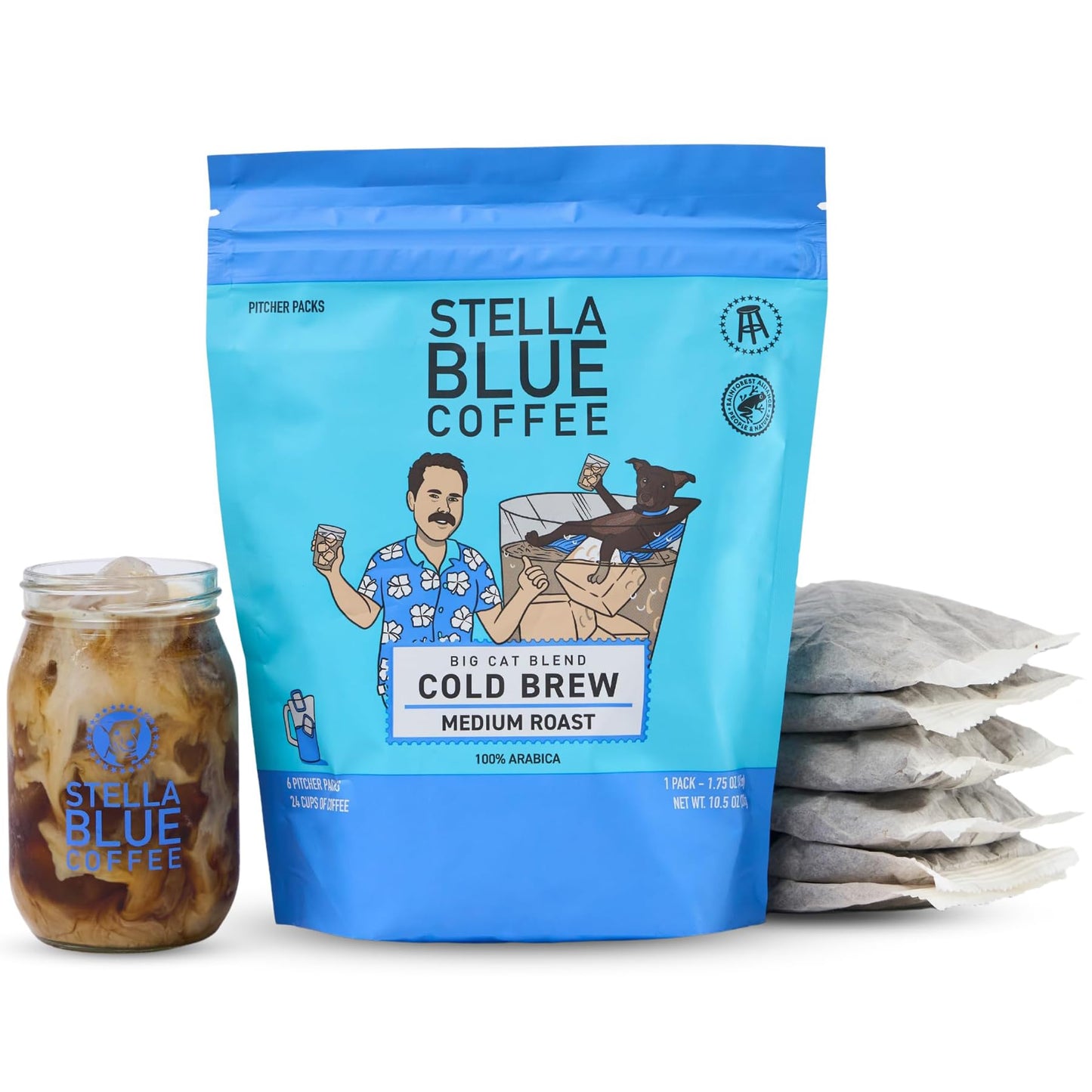 Stella Blue Cold Brew Arabica Big Cat Blend Coffee  6 Ready-to-Brew Packets  Enriching Caramel and Hazelnut Notes with Sweet Fruitiness - Fresh Cold Brew for True Fanatics