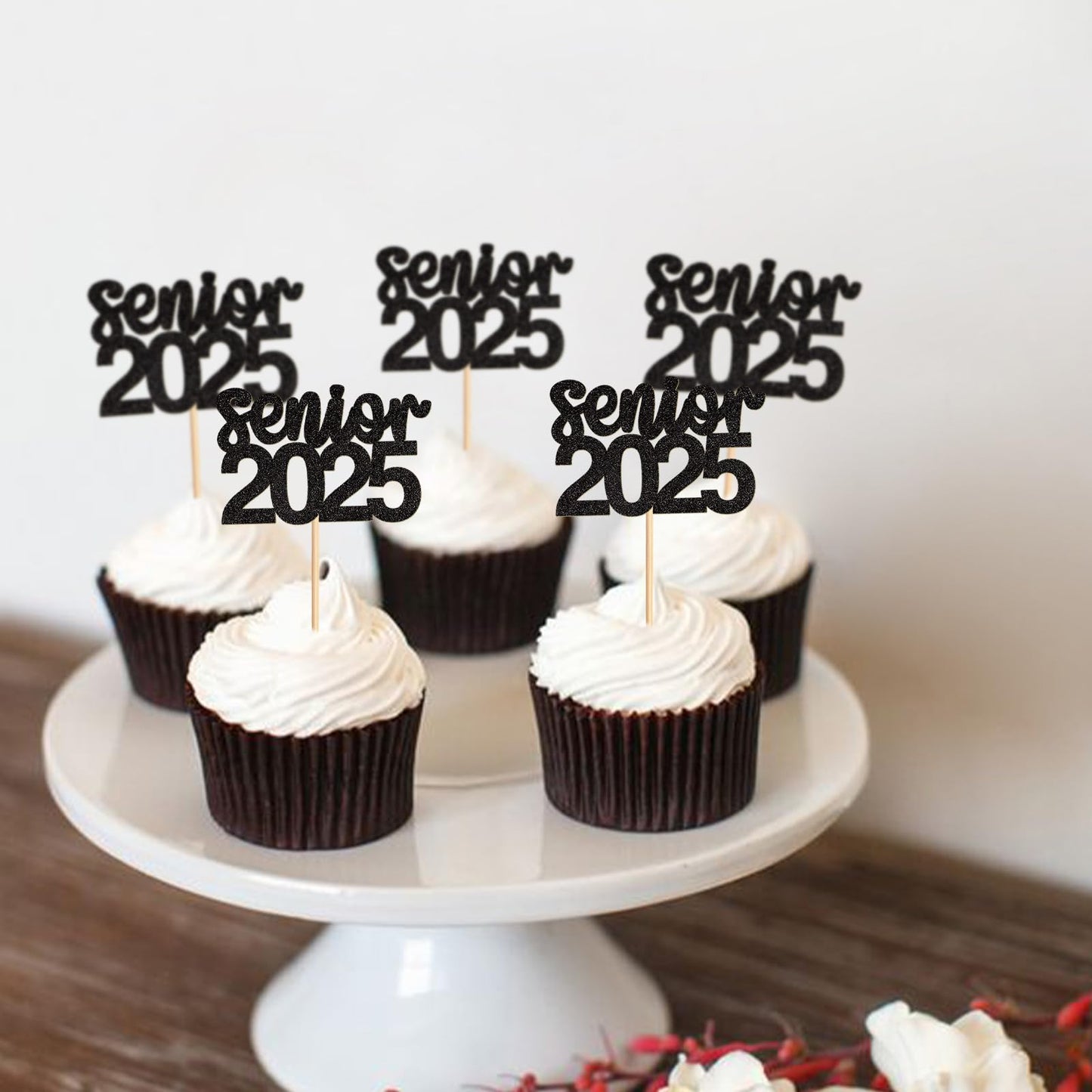 Keaziu 24 Pack Graduation Cupcake Toppers, Paper, Senior1 Black, Graduation Hat Picks for 2025 Theme Party Decorations