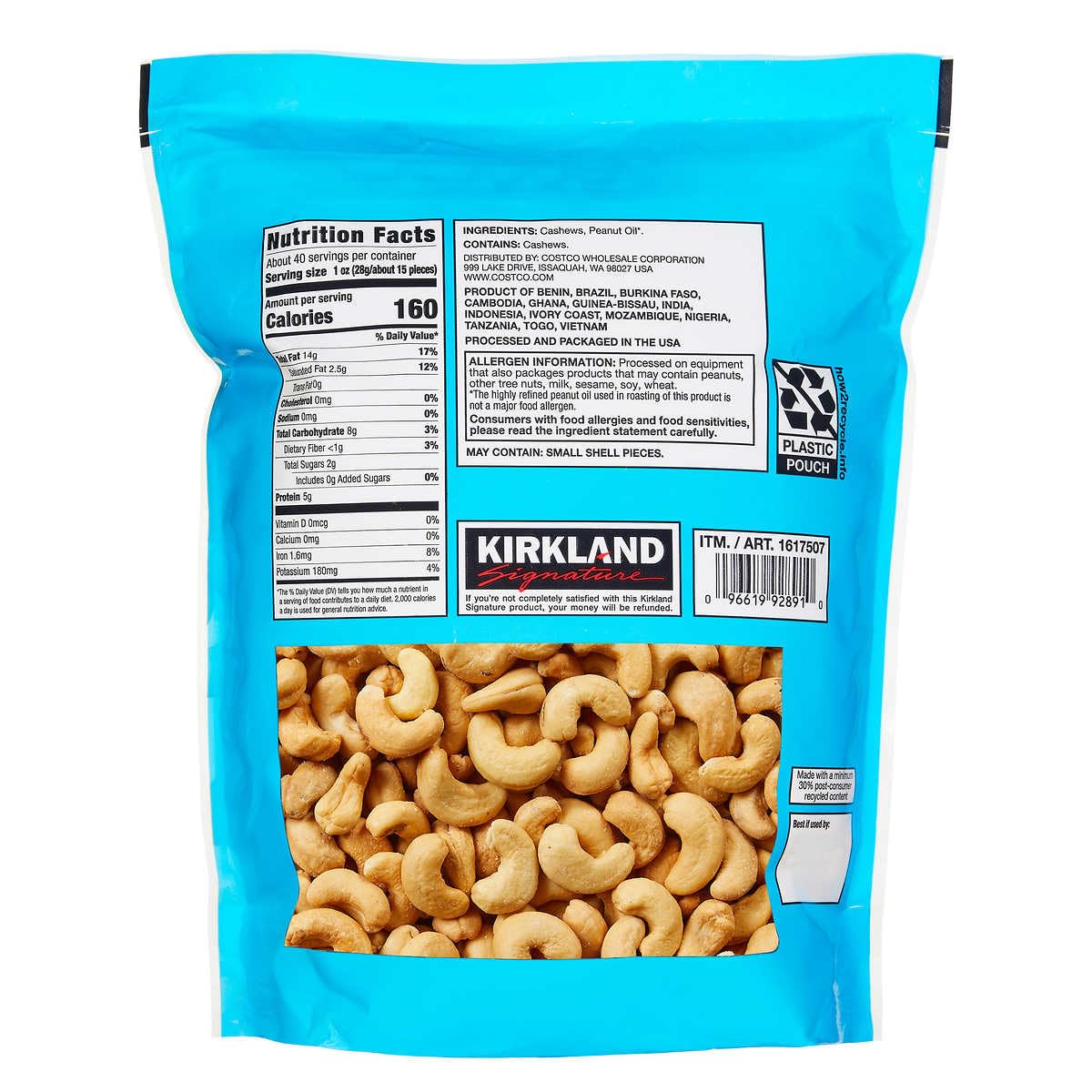 Kirkland Signature Unsalted Whole Cashews, 2.5 lbs - 21.01 x 6.91 x 28.10 cm, Perfect for Snacking and Cooking