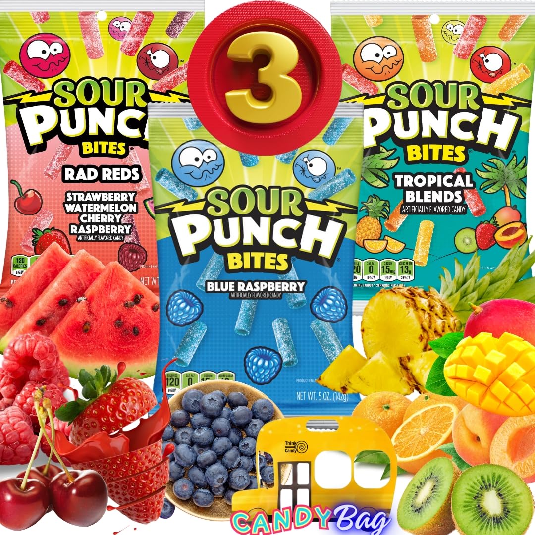 (PACK OF 3) Sour Punch Bites Straws 5oz Each Bag - Unique Variety Pack Rad Reds, Blue Raspberry, Tropical Blends - Blue Raspberr
