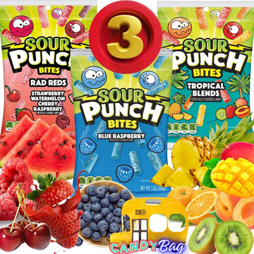 (PACK OF 3) Sour Punch Bites Straws 5oz Each Bag - Unique Variety Pack Rad Reds, Blue Raspberry, Tropical Blends - Blue Raspberr