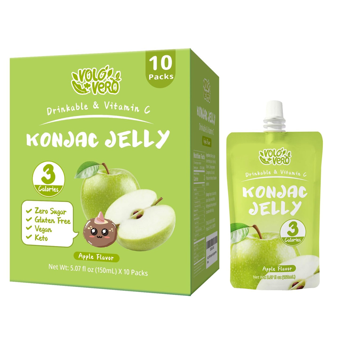 VOLO VERO Konjac Jelly Squeeze Pouch Apple Flavor, Low Calories (3 Kcal), 10 Packs, Gluten Free & Vegan, 0 Sugar, Keto, Low Carb