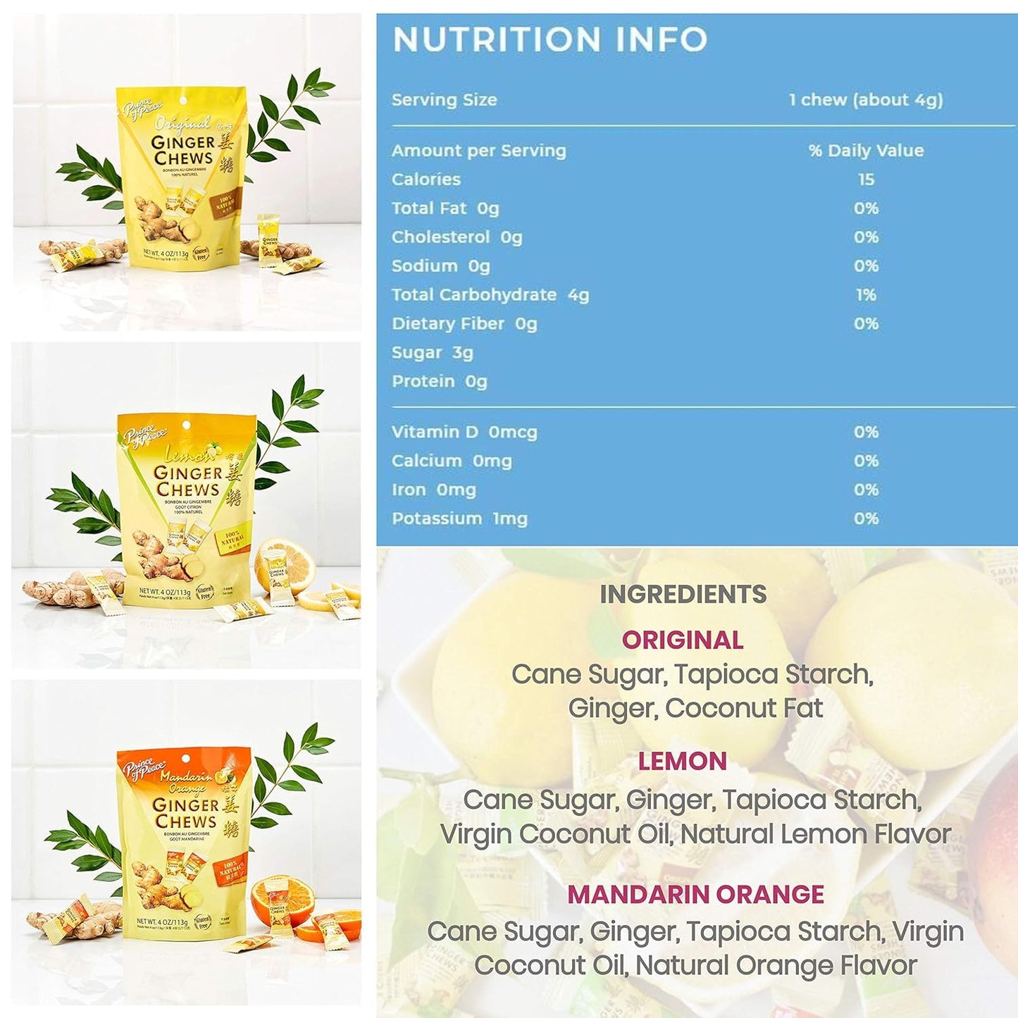 Prince Of Peace Ginger Chews Variety Pack 4Oz - Flavors Original, Lemon, Blood Orange, 100% Natural, Non-Gmo, Vegan And Gluten-F