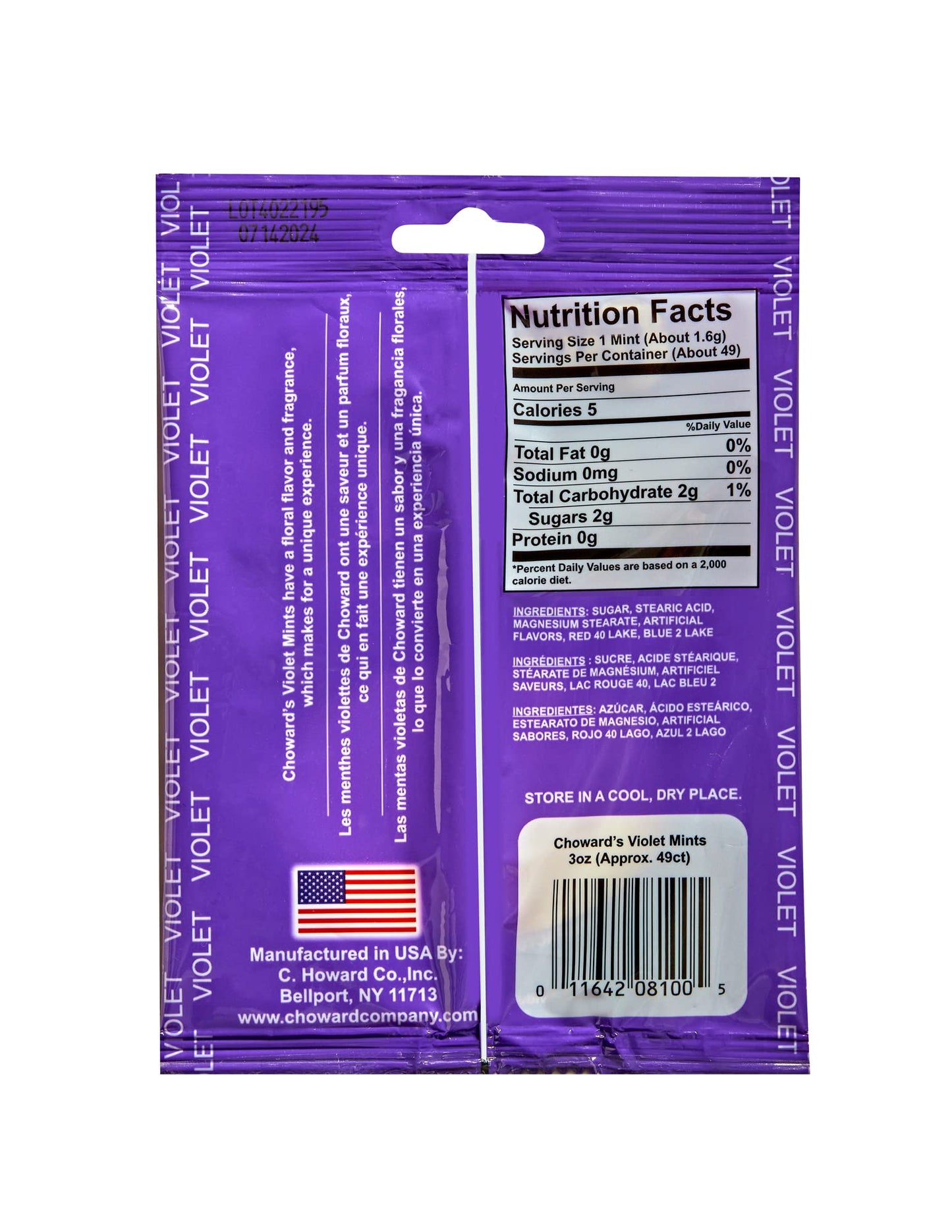Choward's Violet Mints Candy Bag - Bold Flavor, Nostalgic Vintage Treat, 3 Pack of 49 Individually Wrapped Mints for Snacks & Gifting