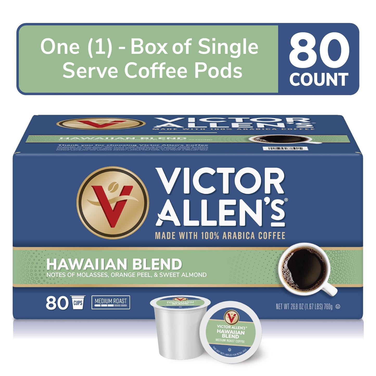 Victor Allens Coffee Hawaiian Blend Medium Roast Coffee Pods, 80 Count for Keurig, Kona Blend