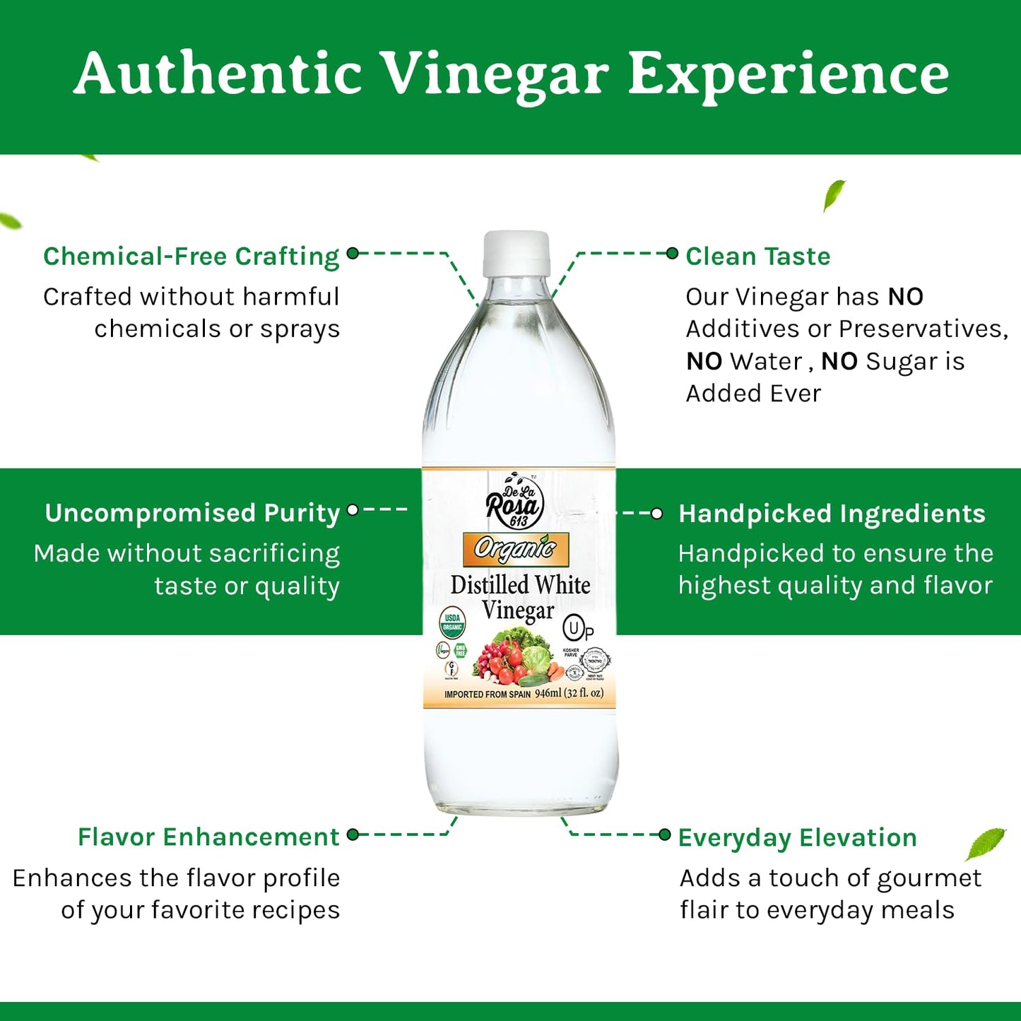 De La Rosa Organic Distilled White Vinegar, Raw & Unfiltered, Kosher For Passover, Vegan & Gluten Free, Great For Salad Dressing