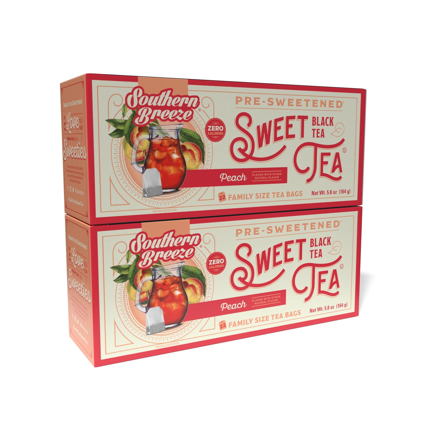 Southern Breeze Hot Brew Sweet Tea Peach Iced Tea With Black Tea And Zero Carbs Zero Sugar, 22 Individually Wrapped Family Size Tea Bags, Pack Of 2