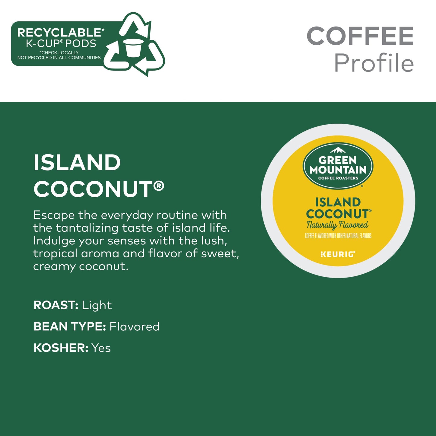 Green Mountain Coffee Roasters Island Coconut, Keurig Single-Serve K-Cup Pod, Flavored Light Roast Coffee Pods, 72 Count