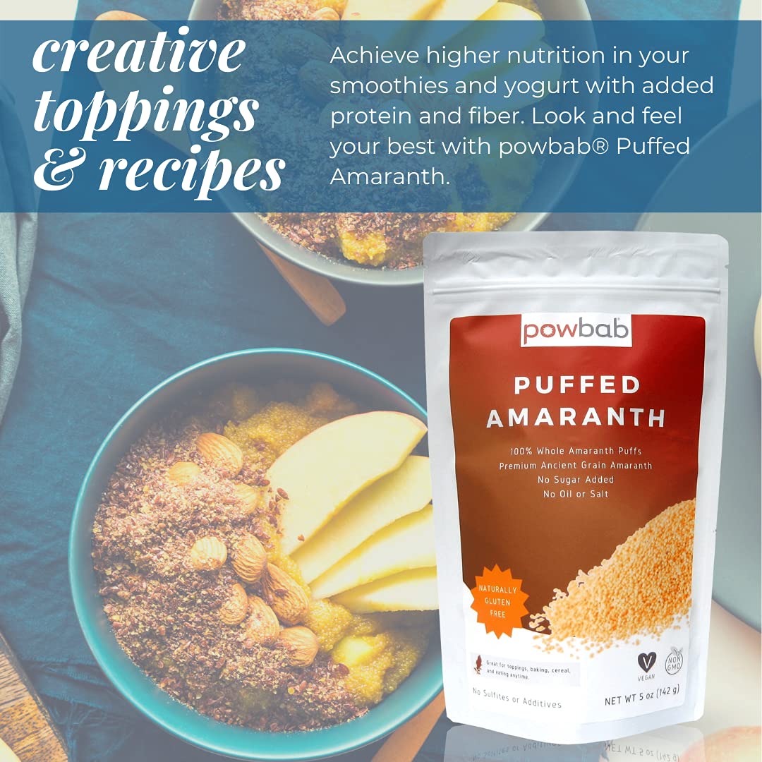 Powbab Puffed Amaranth - 100% Organic Amaranth Popped In Usa Whole Puffs. Good Protein Source, No Oil Or Salt, No Sugar Added, Unsweetened Cereal. Expanded Amaranth Grain Seeds In Bulk, Non-Gmo (5 Oz)