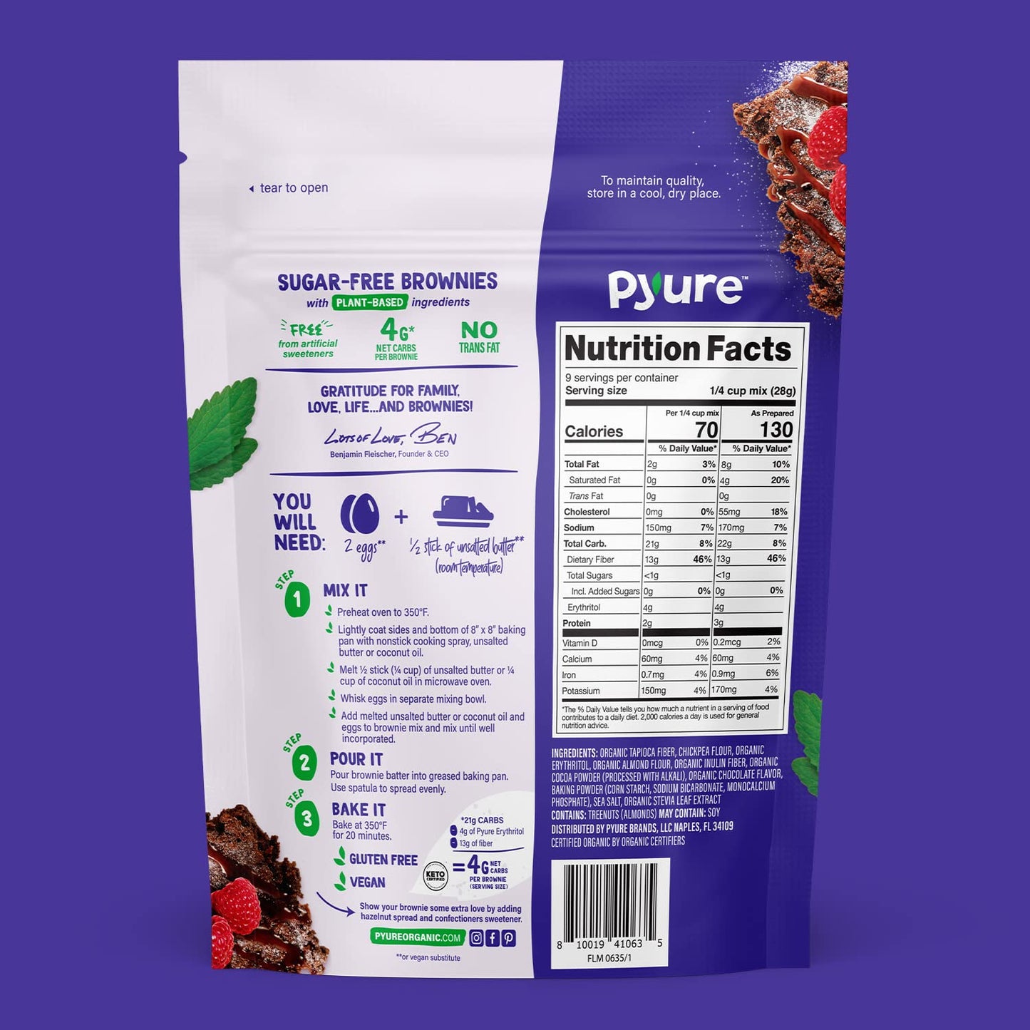 Pyure - Brownie Mix Organic Chocolate Fudge Sugar Free - Case Of 6-9 Ounces