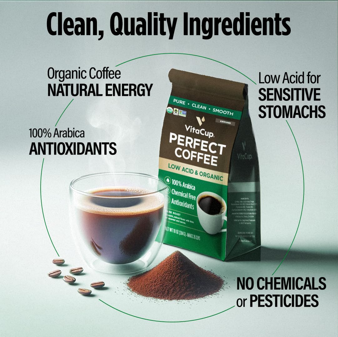 Vitacup Perfect Low Acid Coffee Beans, Usda Organic & Fair Trade, Mycotoxin Free, Dark Roast Guatemala Single Origin, Clean & Pu