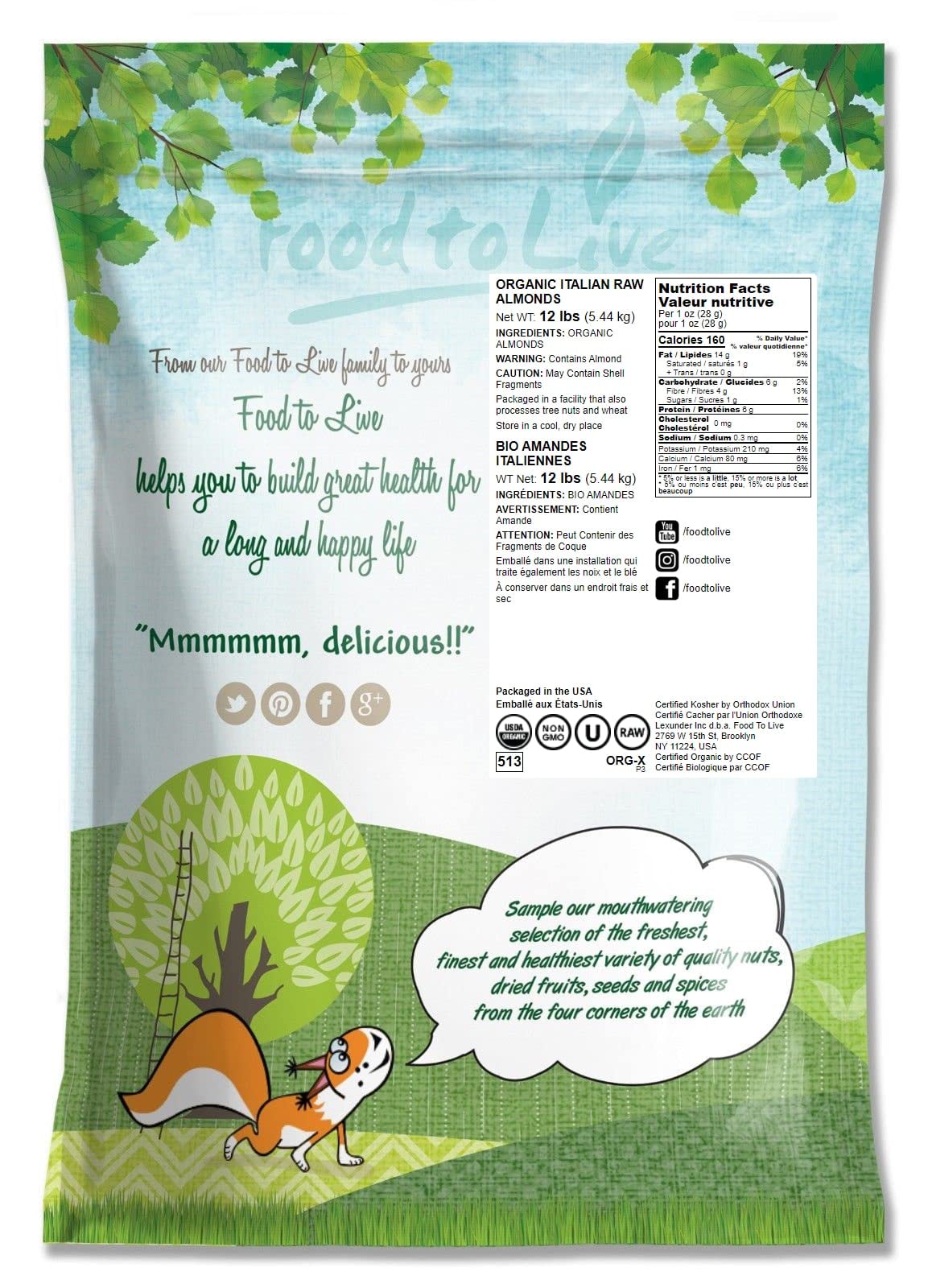 Food To Live - Organic Imported Almonds, 12 Pounds Non-Gmo, Whole, No Shell, Unpasteurized, Unsalted, Vegan, Kosher, Keto-Friend