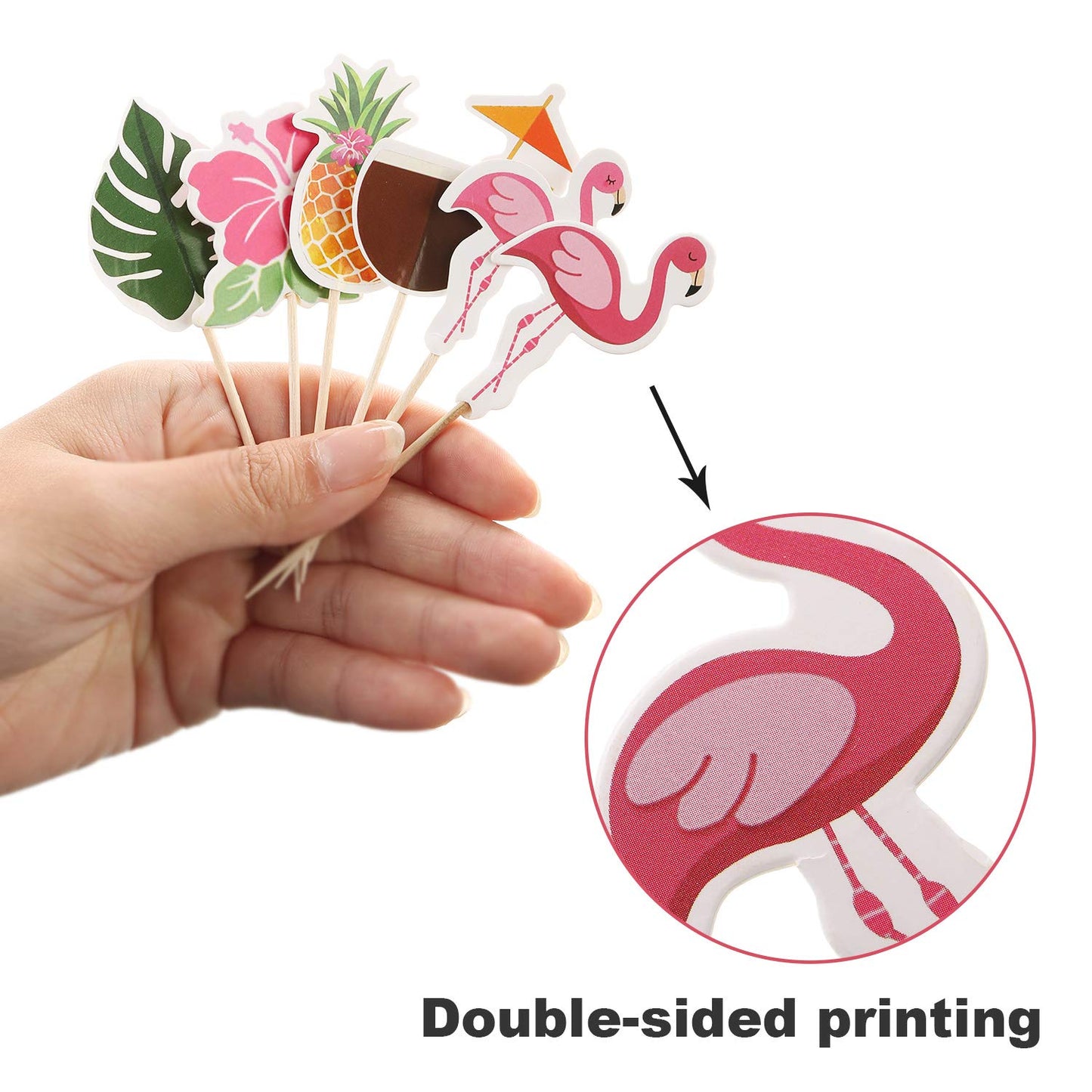 Maitys Luau Cupcake Toppers - Tropical Cake Decorations with Flamingo & Pineapple Shapes, 16 Count, Cardboard & Wood