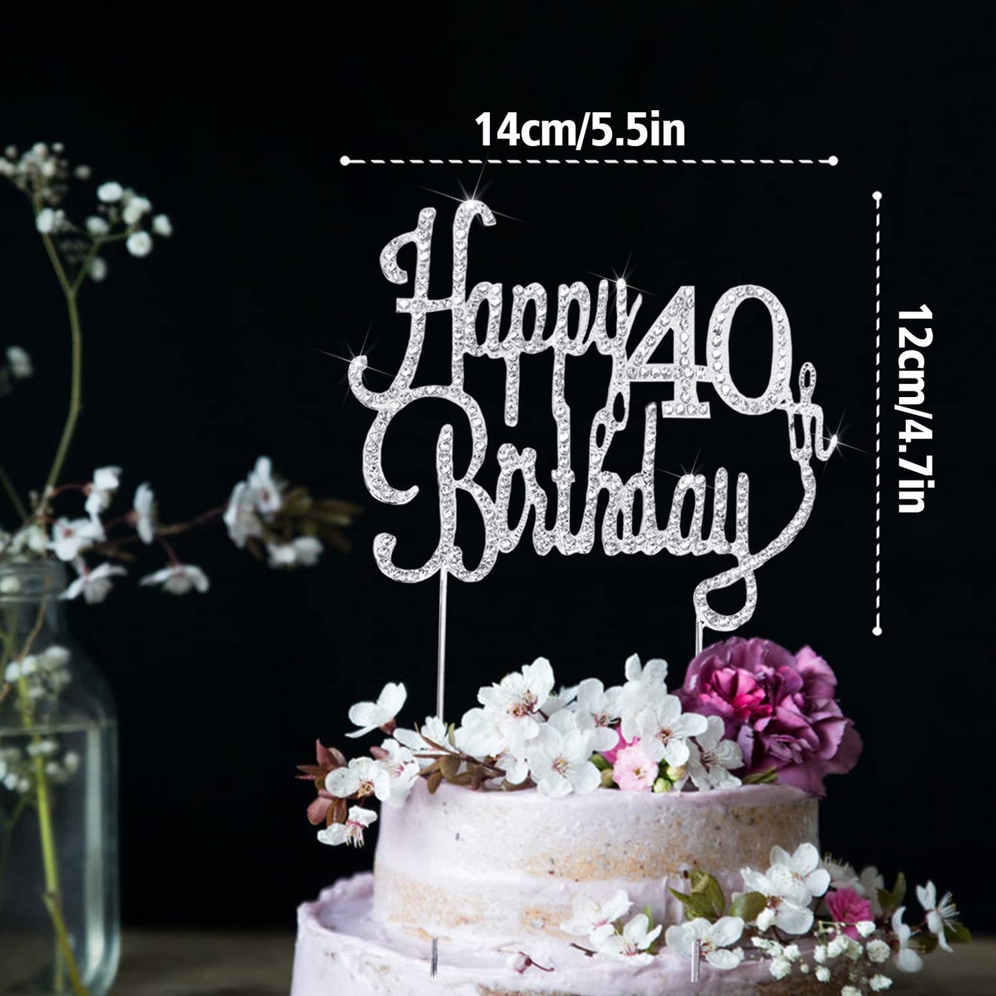 LINGTEER Rhinestone Cake Topper for 40th Birthday, Sparkly Silver Decoration, Cheers to Forty Years