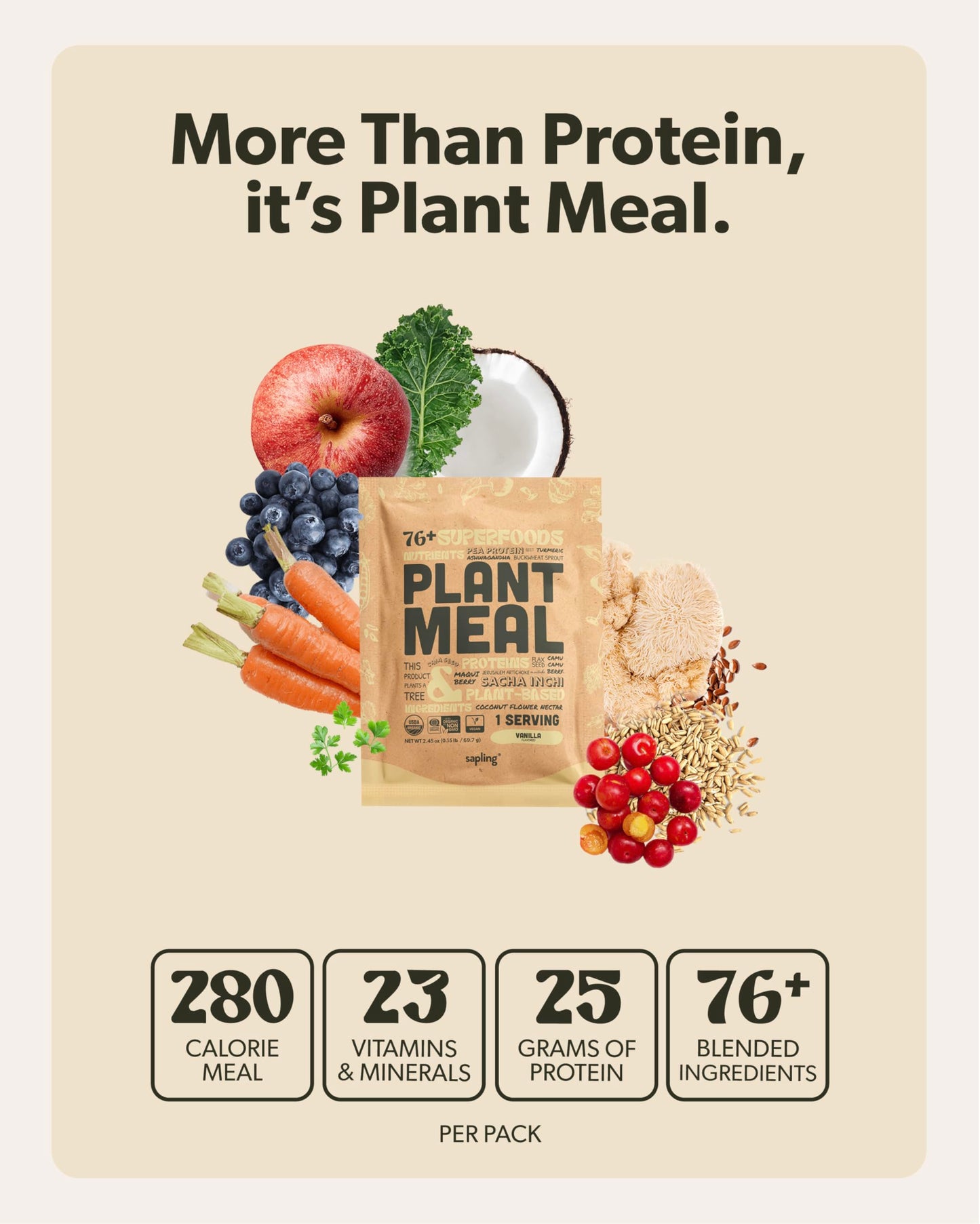 Sapling Plant Meal Replacement Shake - Vanilla, 25g Vegan Protein, 76+ Organic Superfoods, 2.45 oz