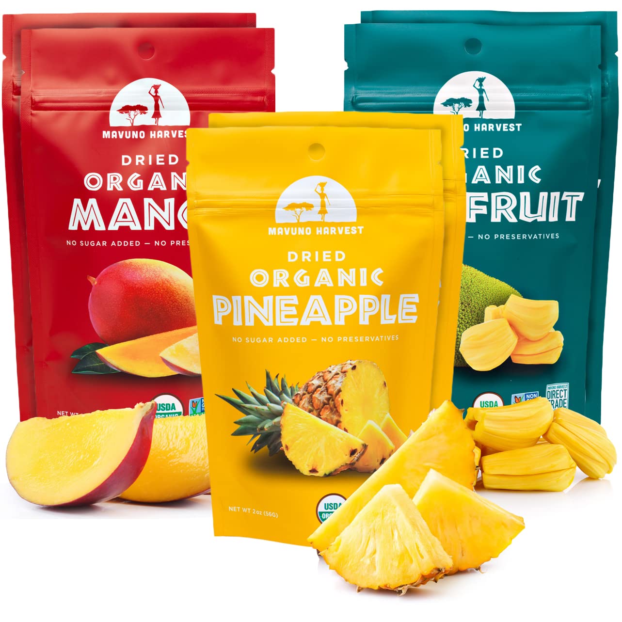 Mavuno Harvest Organic Dried Fruit Variety Pack | Dried Mango, Pineapple, and Jackfruit | Healthy, Vegan, No Sugar Added, Non GM