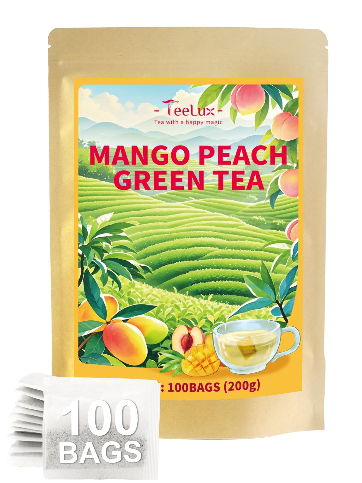 Teelux Mango Peach Green Tea  Mango & Peach Flavored Steamed Green Tea  Fruit Aroma & Crisp Taste  100 Count