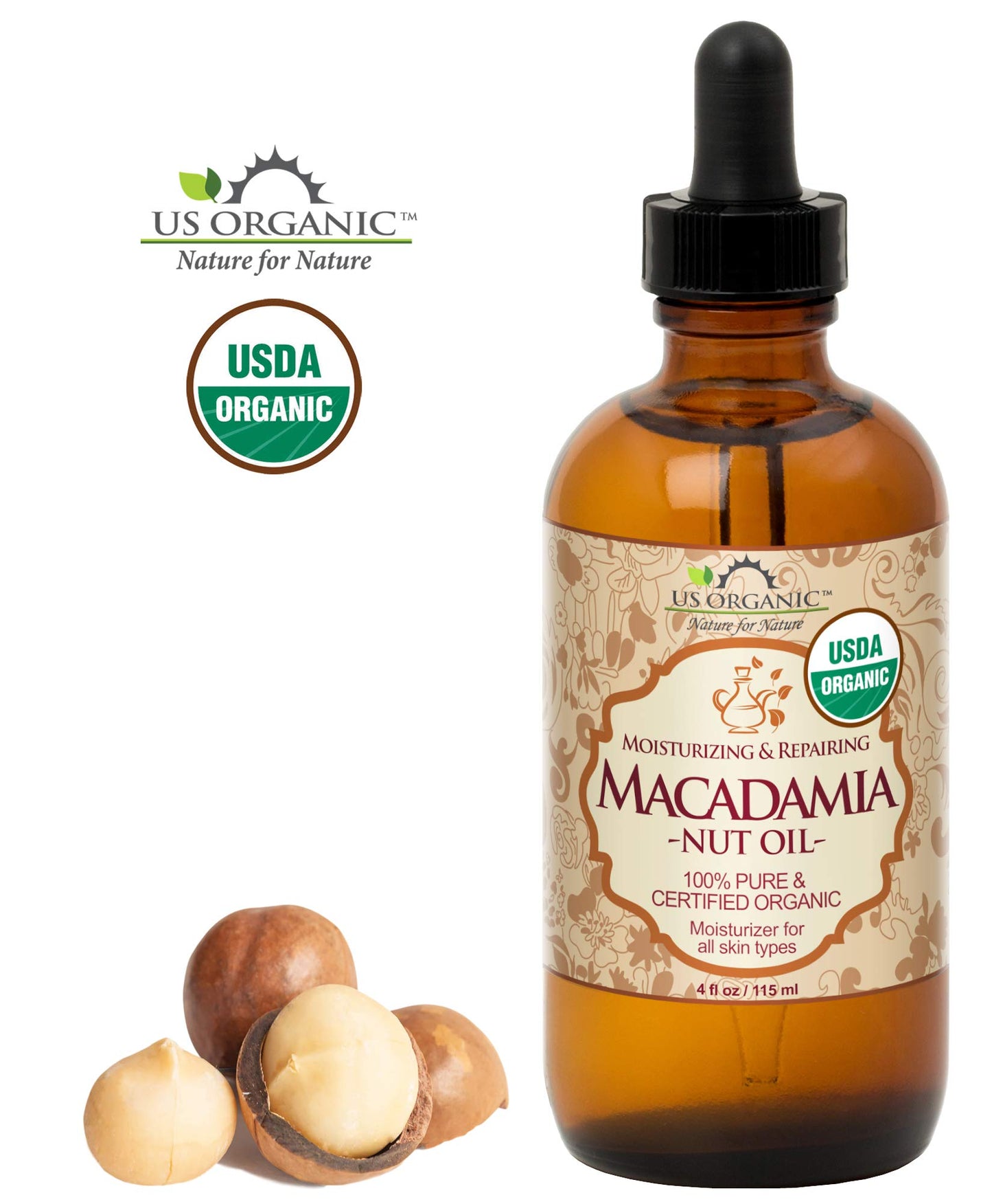 US Organic Macadamia Nut Oil, Unrefined Virgin, Cold Pressed, 4 oz, Clear, Model MAOL021ANP, Amber Glass Bottle with Dropper