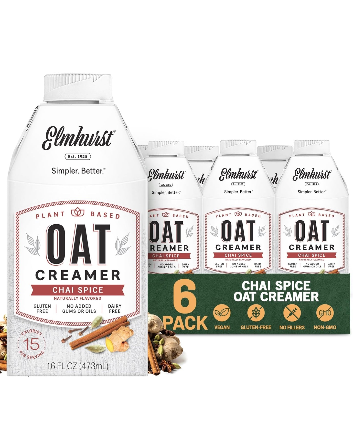 Elmhurst 1925 Chai Spice Oat Creamer - 16 Ounce (Pack of 6) Dairy-Free, Vegan, Kosher, Low Sugar, Shelf Stable Creamer Made with