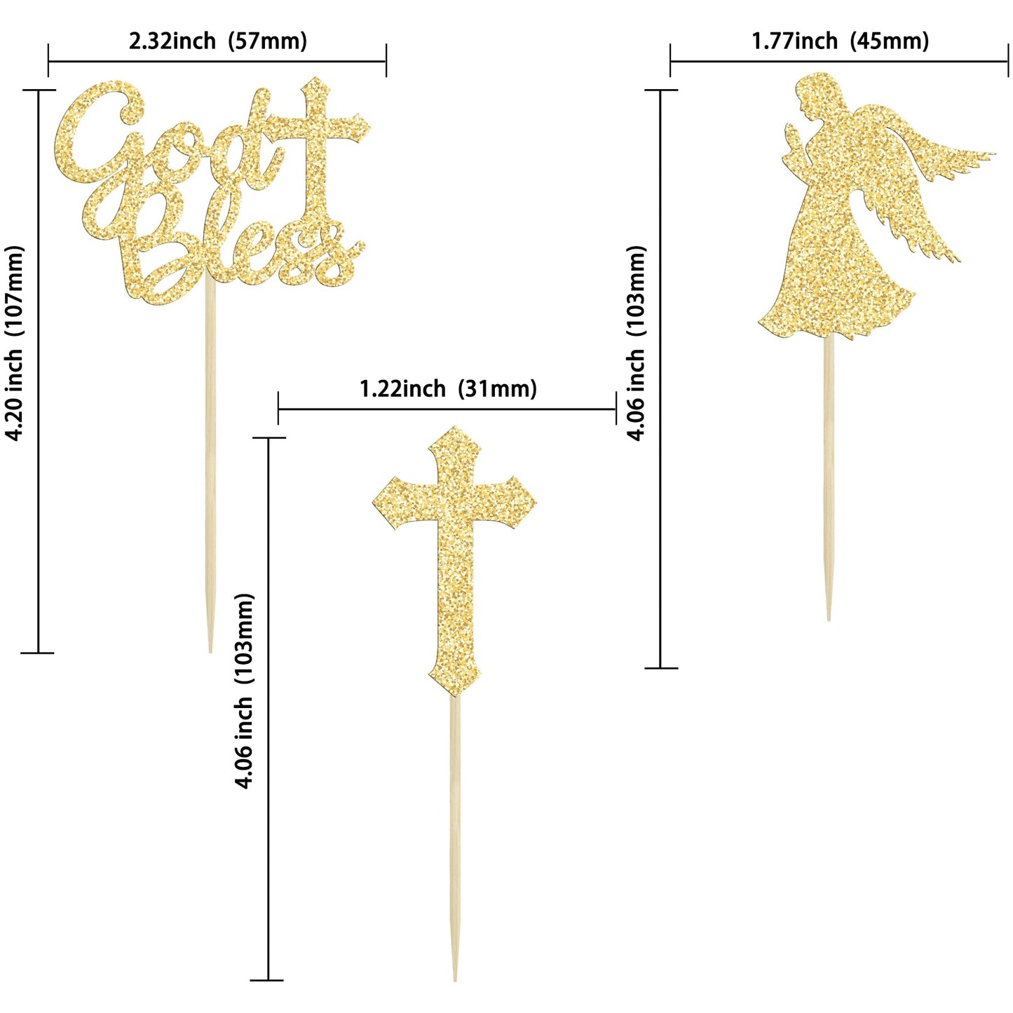Gyufise 24Pcs Gold Glitter Cupcake Toppers, Cross and God Bless Design, Small, Paper, Model UKZN0096-G