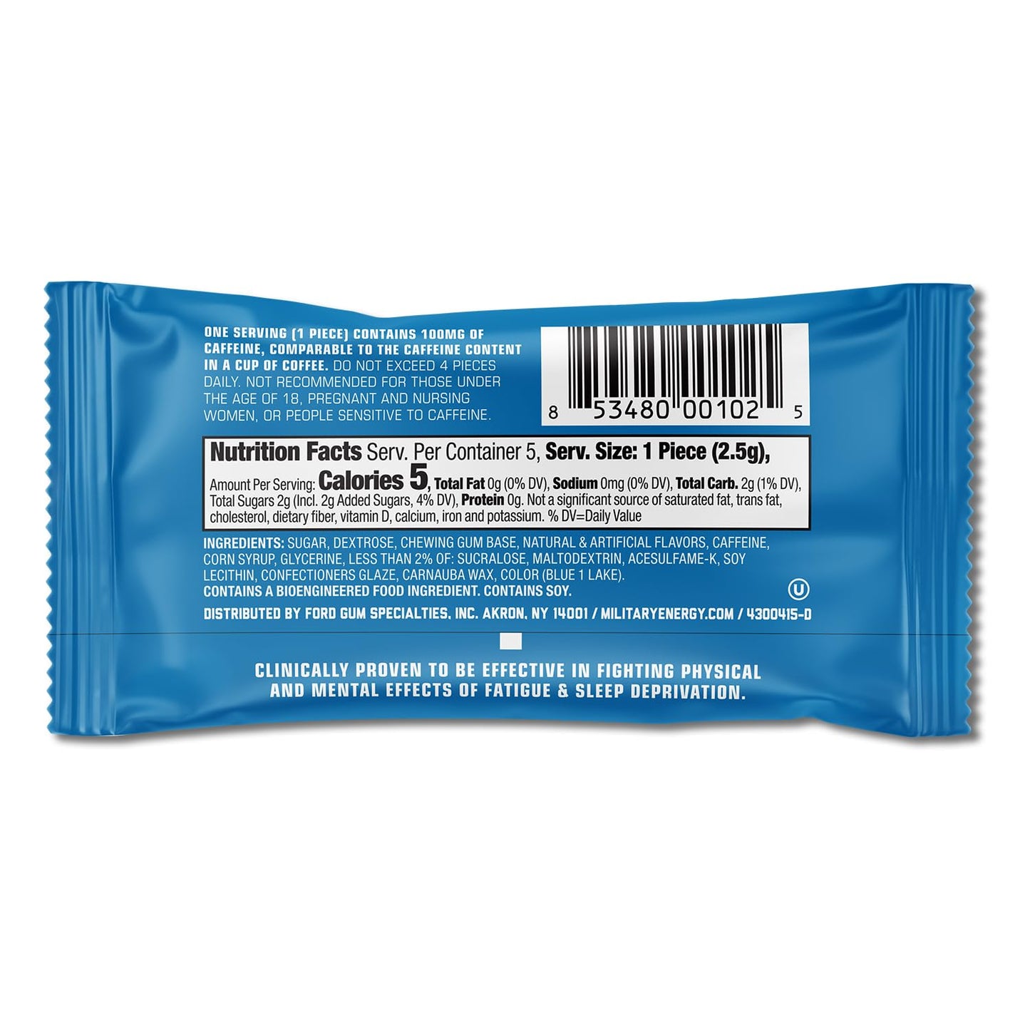 MEG - Military Energy Gum | 100mg of Caffeine Per Piece + Increase Energy + Boost Physical Performance + Arctic Mint 24 Pack (120 Count)