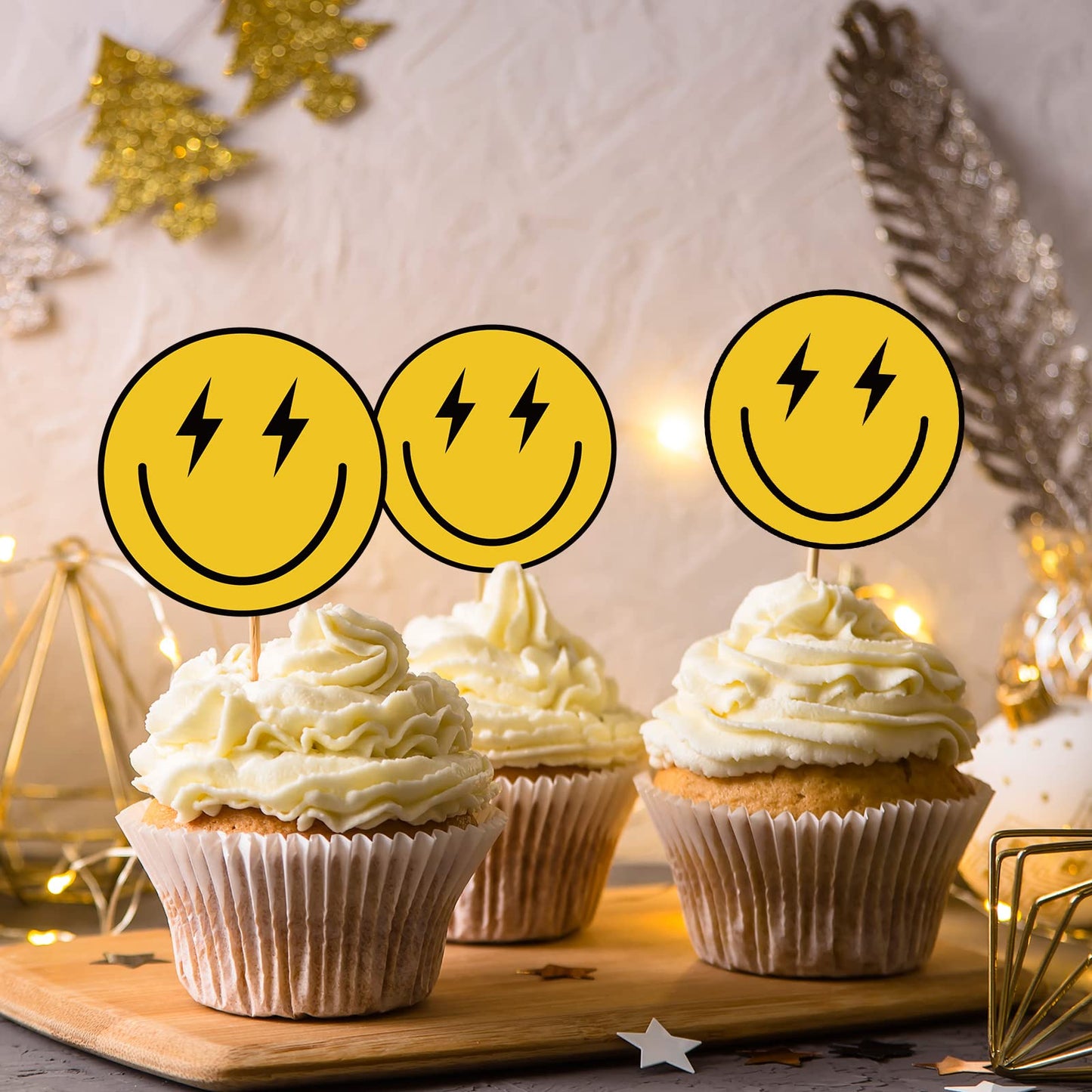 Seajan 48 Pcs One Happy Dude Birthday Cupcake Toppers Smile Face 1St Birthday Cake Topper Hippie First Birthday Decoration Mini