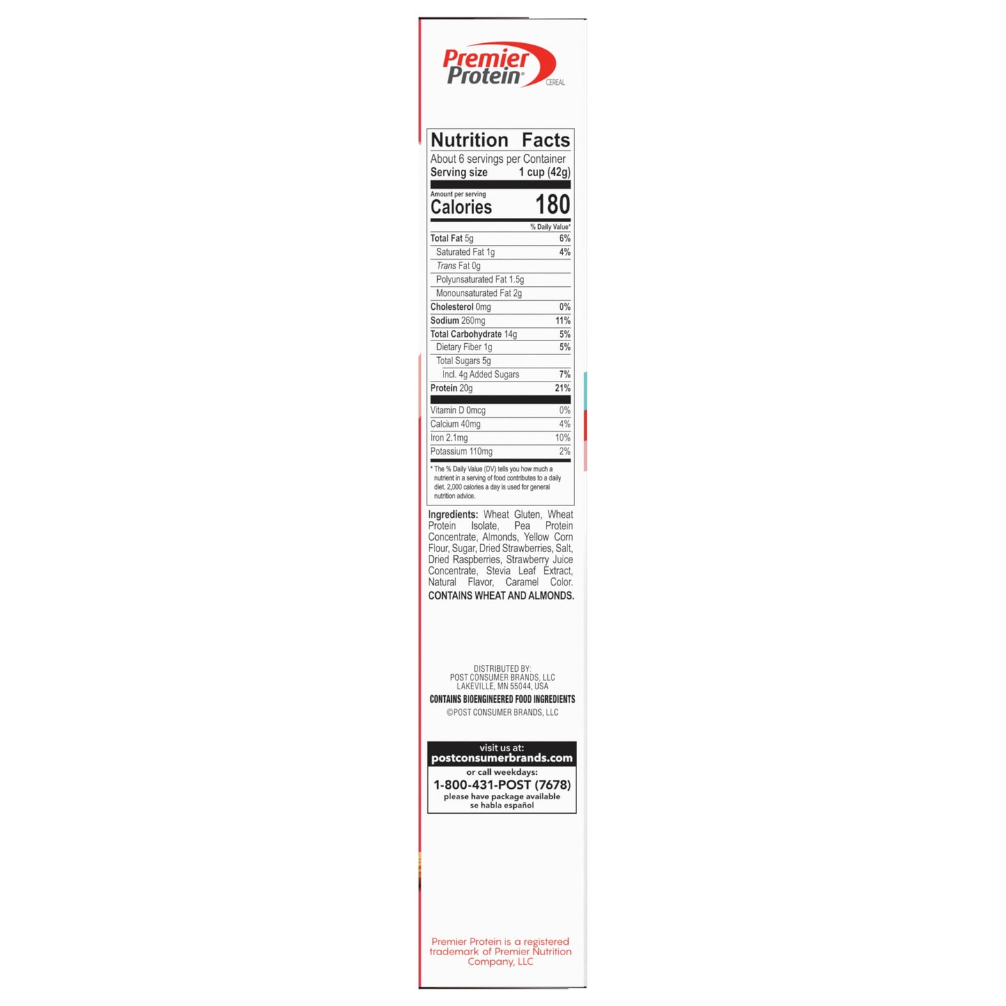 Post Premier Protein Mixed Berry Almond Cereal, Protein Cereal Flakes Mixed with Dried Berries and Sliced Almonds, Contains 20g