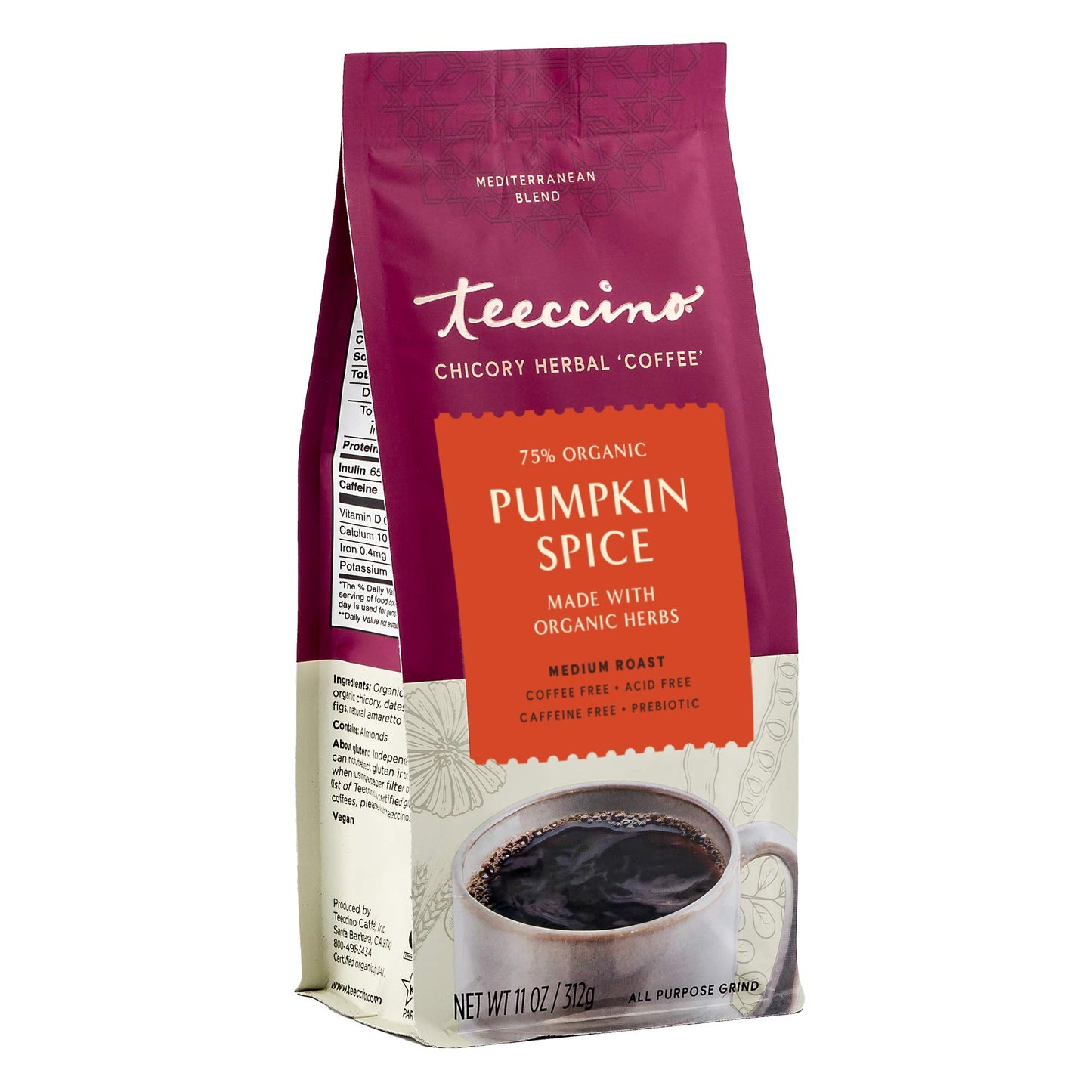Teeccino Pumpkin Spice Chicory Coffee Alternative, Medium Roast, 11 Ounce